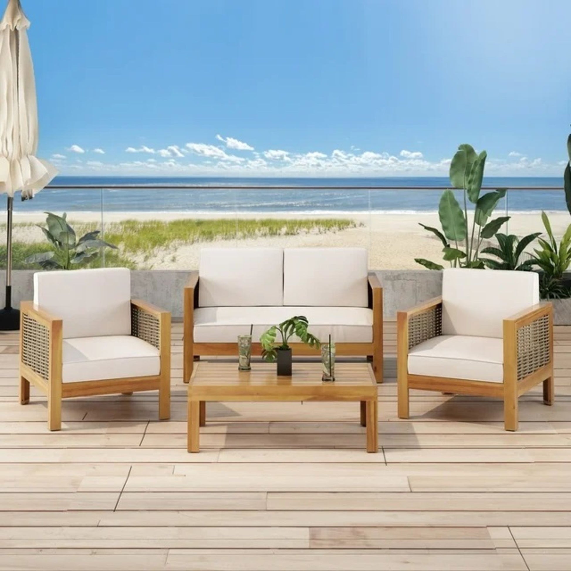 Outdoor 4 Seater Acacia Wood Chat Set With Wicker Accents And Cushions - Teak / Mixed Brown / Beige - Best Buy Furniture