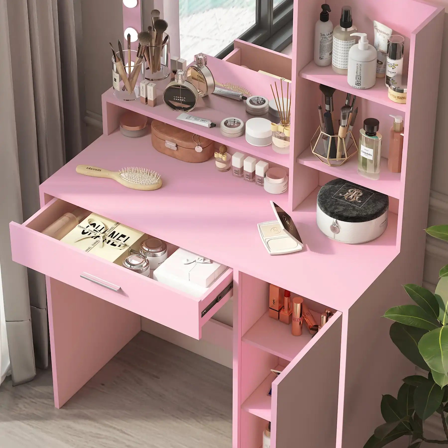 Vanity Desk with Mirror & Light, Pink Dressing Table - Best Buy Furniture