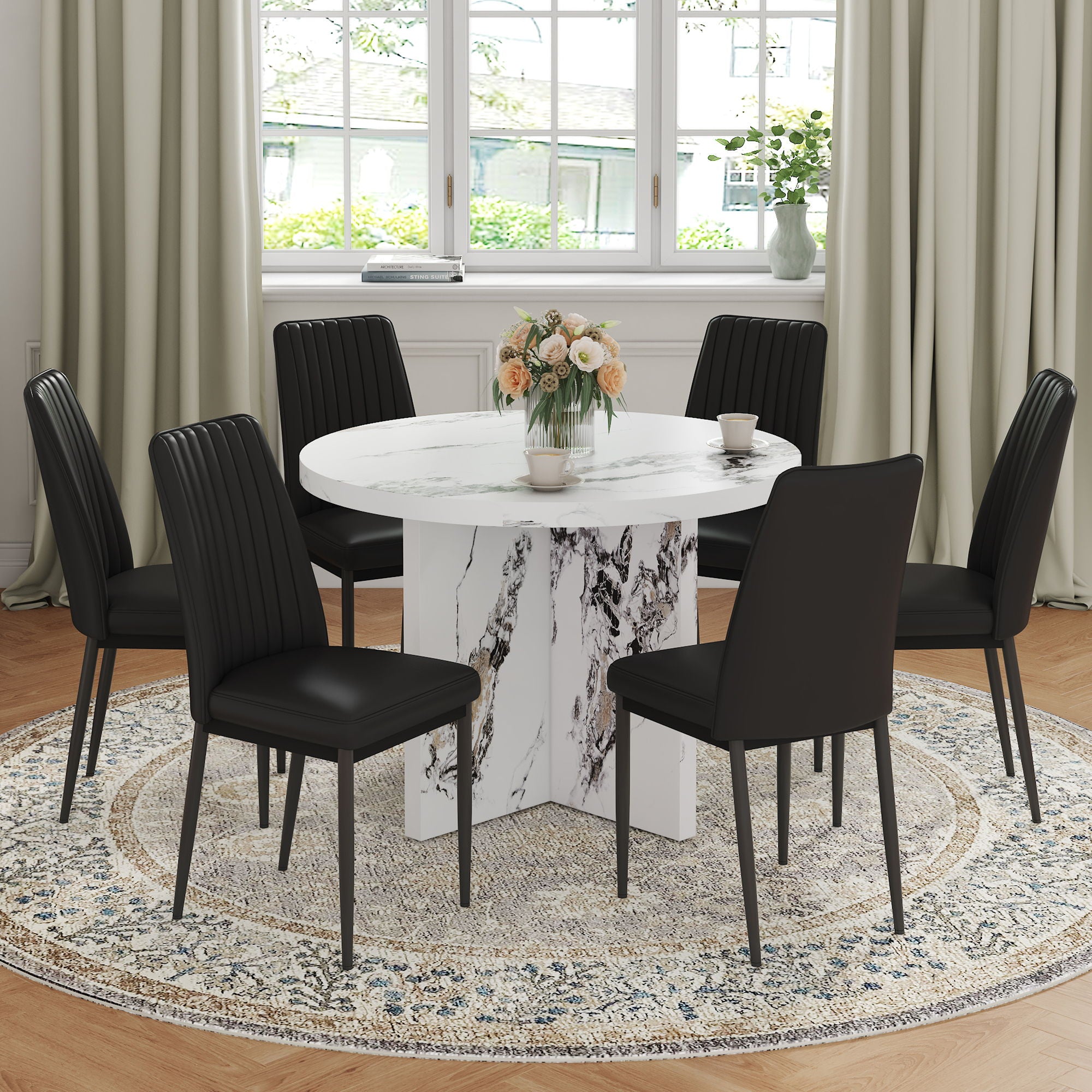 7 Piece Round Dining Table Set, Modern Round Table And 6 Upholstered Chairs For Dining Room, Kitchen Room, Living Room - White / Black - Best Buy Furniture