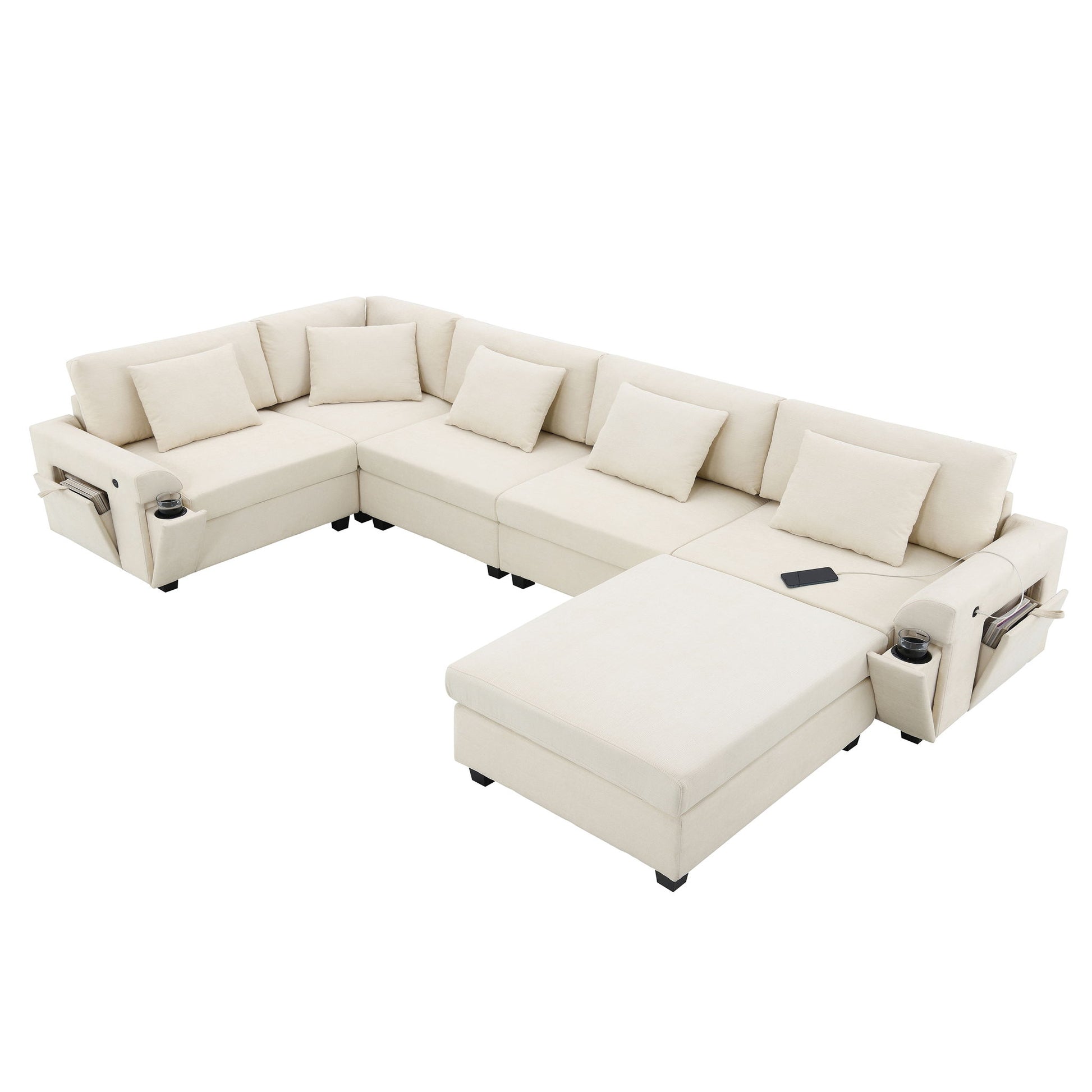 U Shaped Sectional Sofa 6 Seat Couch Set With Oversized Ottoman, Hidden Armrest Storage And Cup Holders USB Charging Ports Wide Seat Sofa - Best Buy Furniture