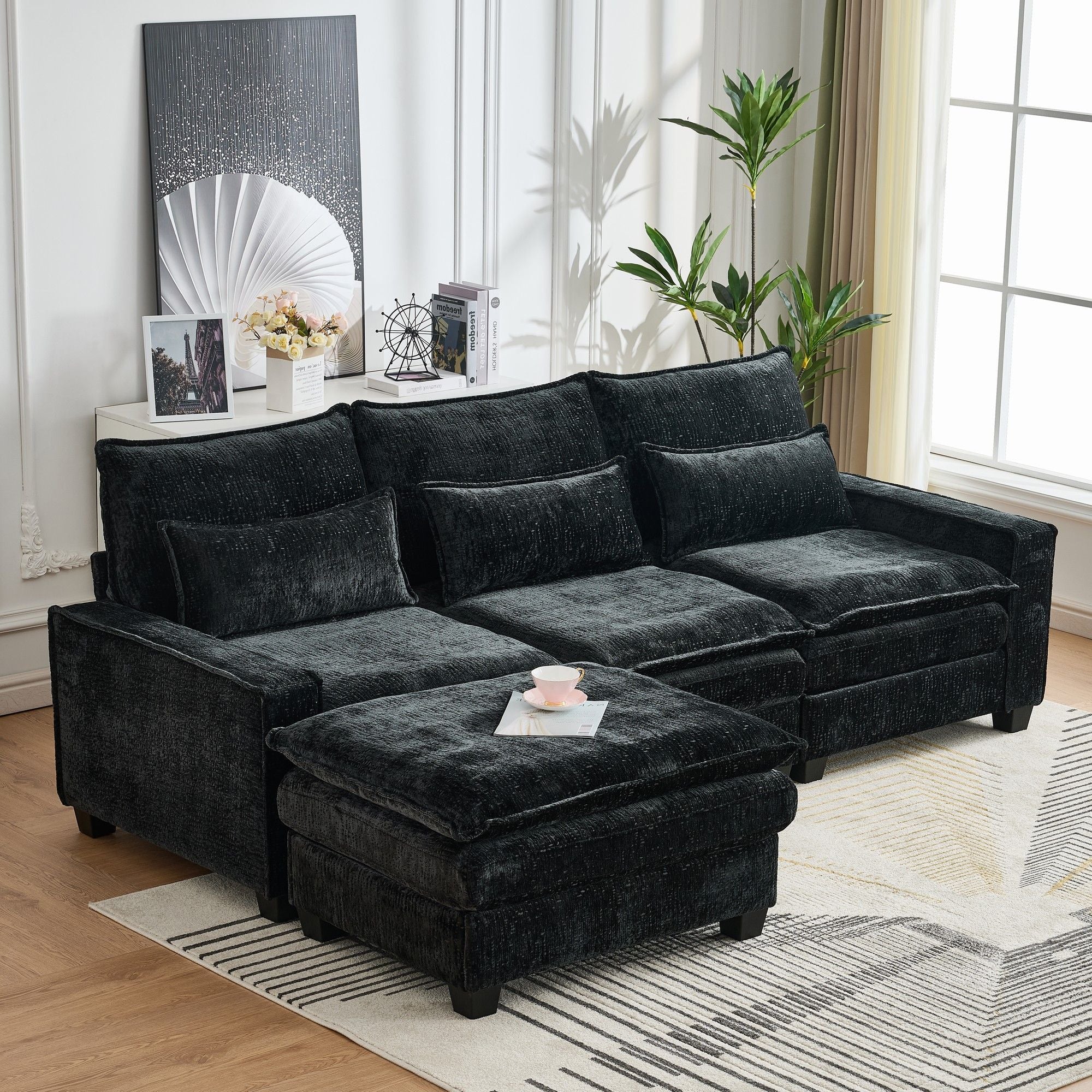 Modern Comfy Chenille L Shaped Sectional Sofa With Movable Ottoman - Best Buy Furniture