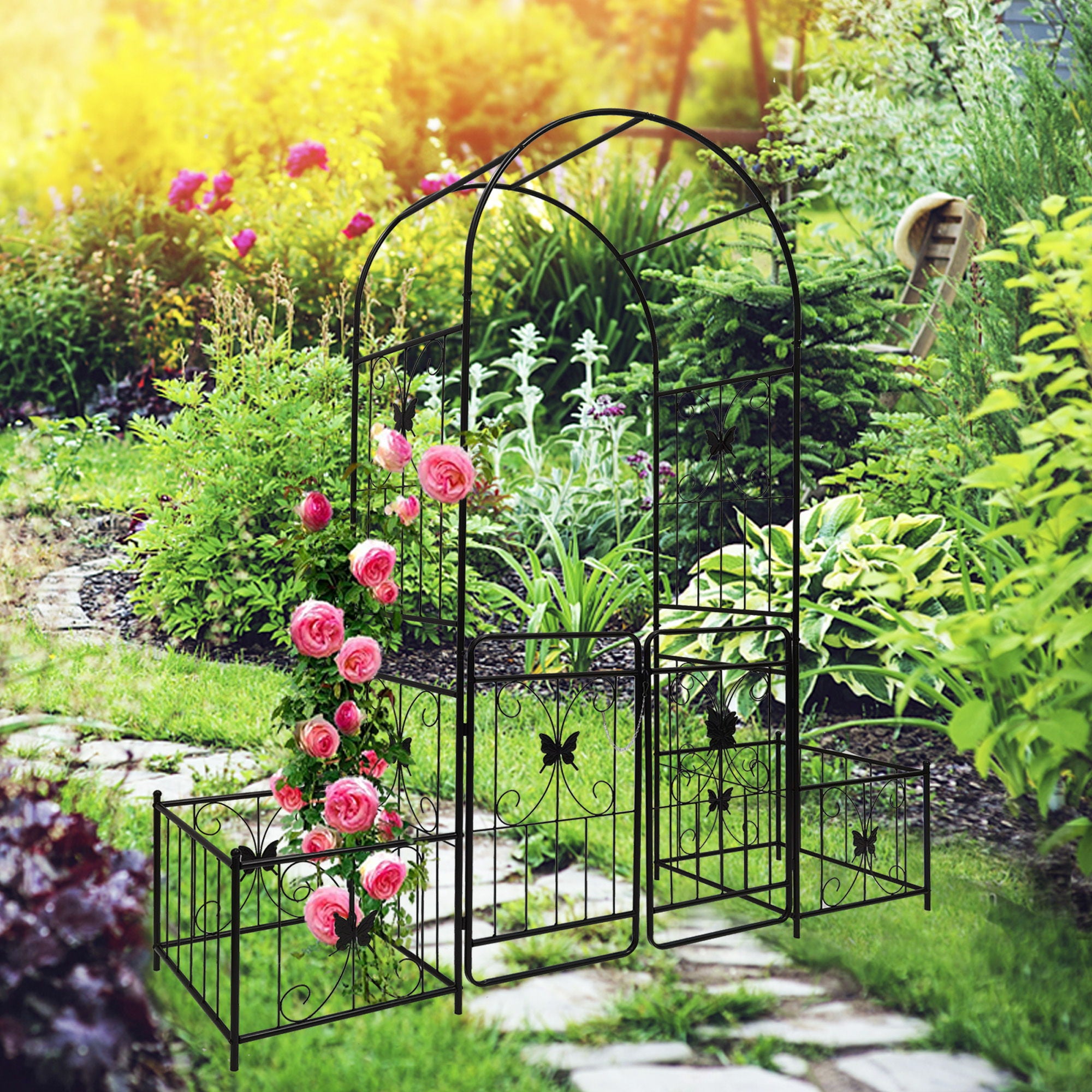 Metal Garden Arch With Gate High Climbing Plants Support Rose Arch Outdoor - Black - Best Buy Furniture