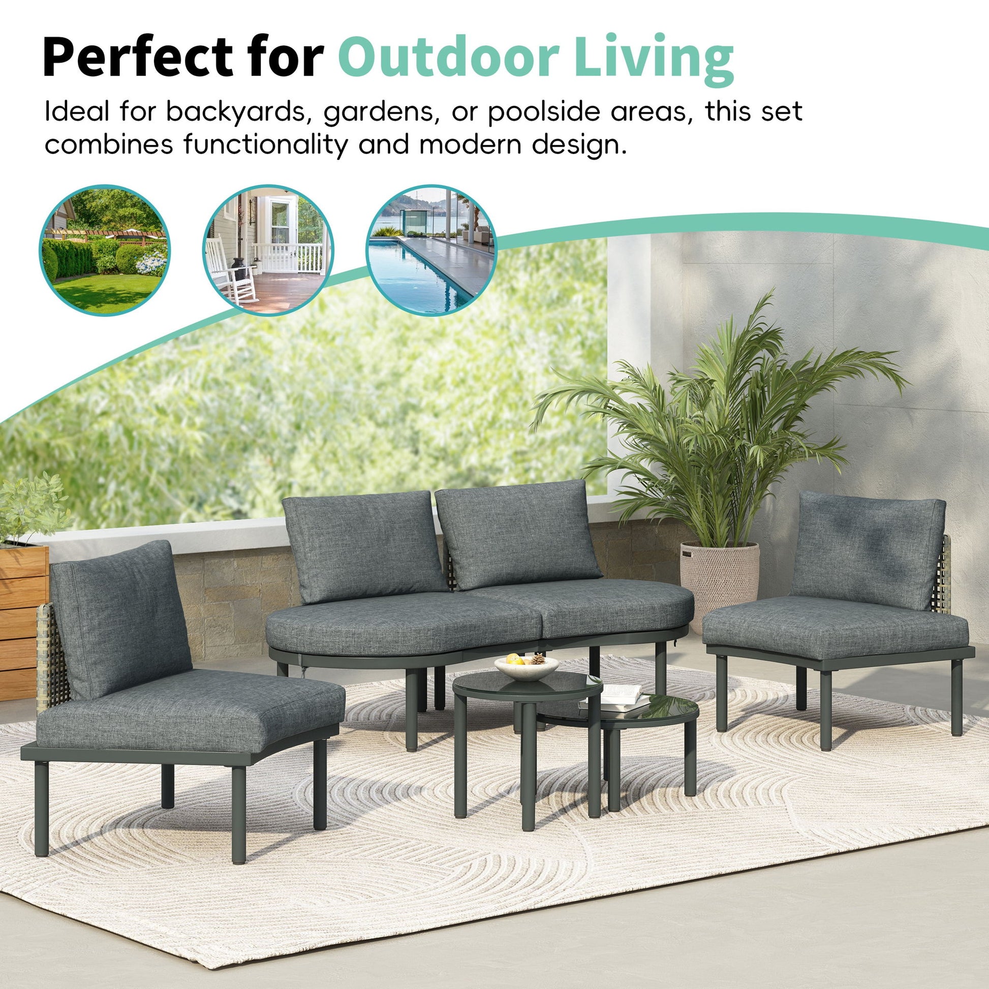 6 Piece Patio Set, Half Moon Outdoor Sectional Sofa With 2 High Low Coffee Tables, 4 Pillows & Cushions - Best Buy Furniture