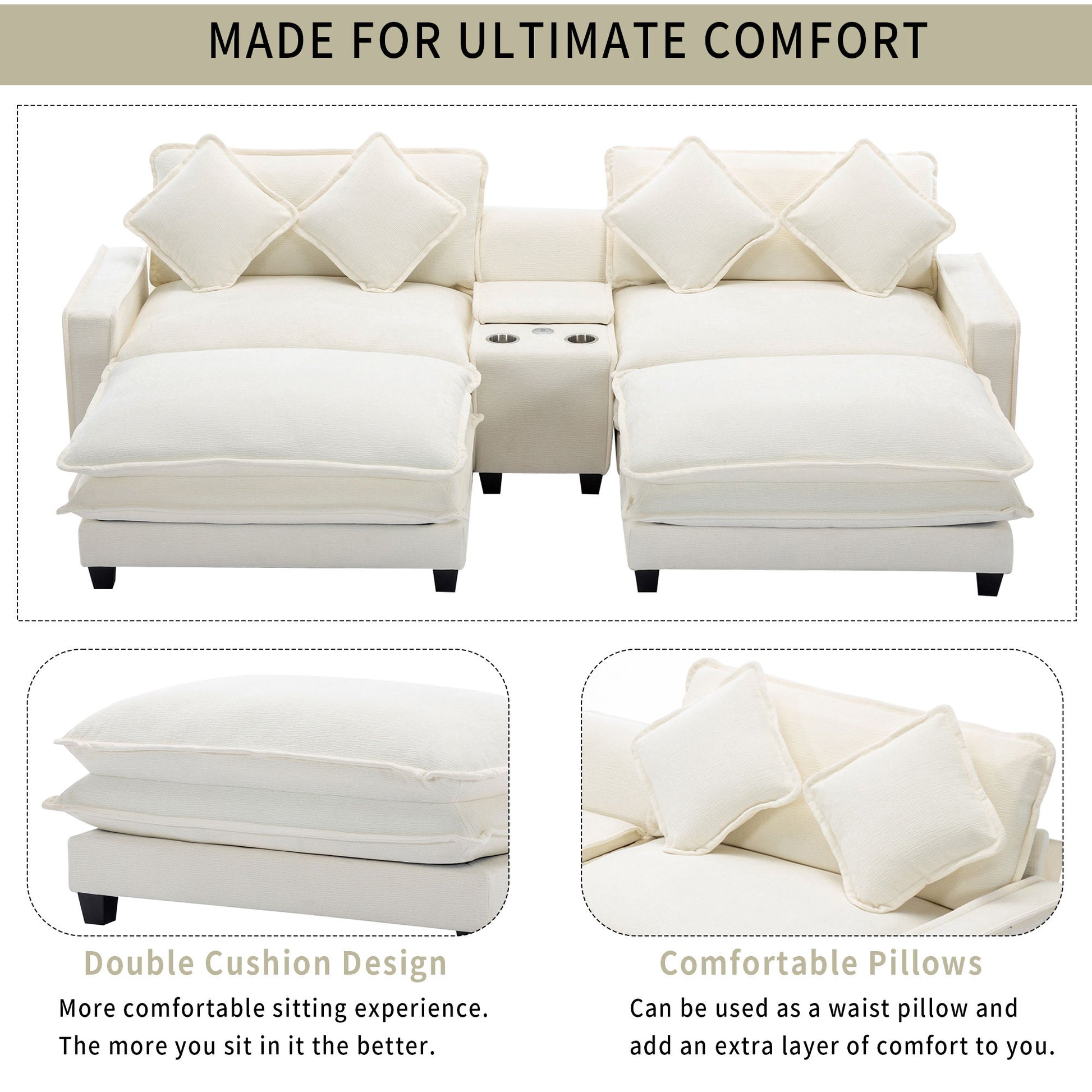 Sectional Sofa Chenille Upholstered Sofa With Two Removable Ottoman, Two USB Ports, Two Cup Holders And Large Storage Box For Living Room - Best Buy Furniture