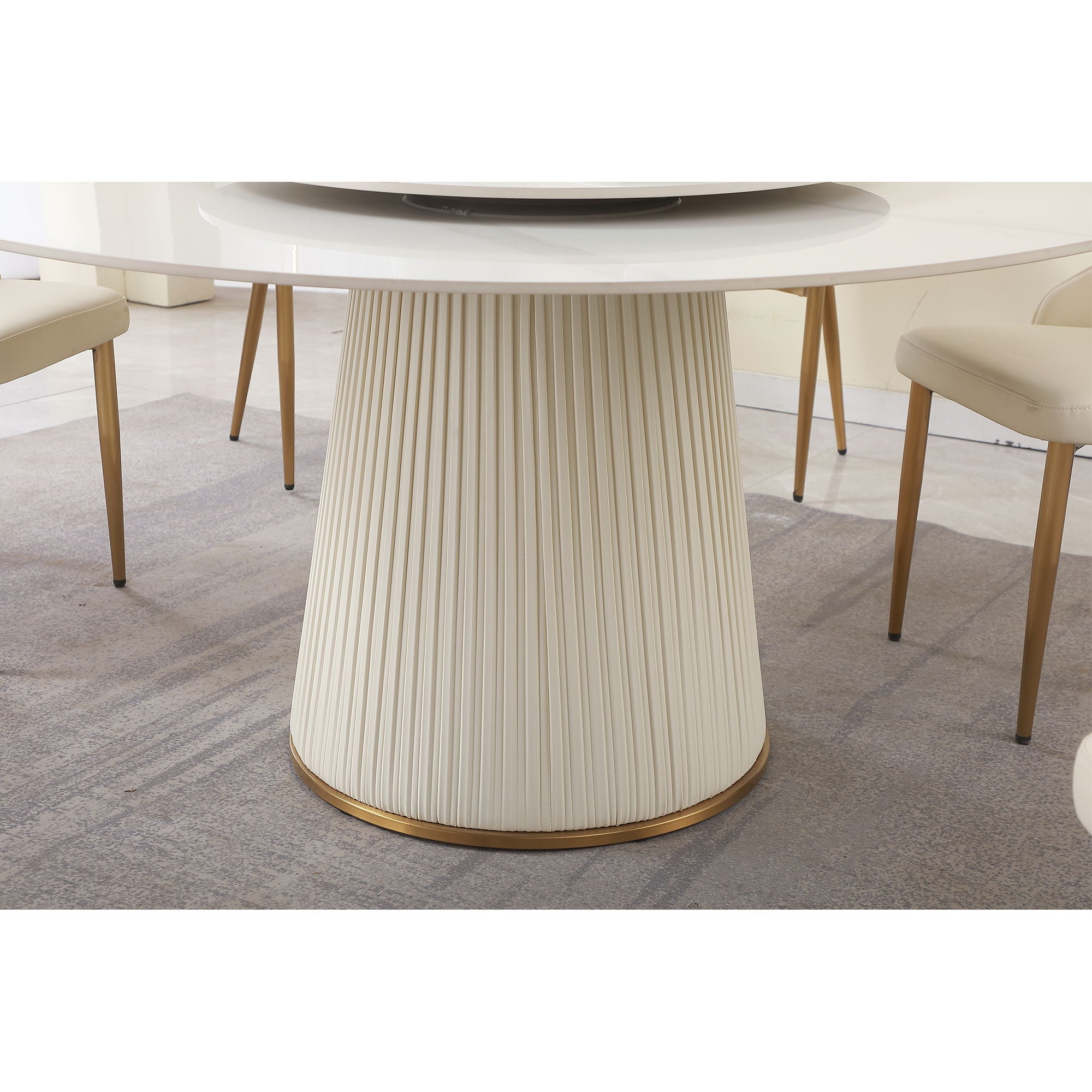 Modern Sintered Stone Dining Table With Turntable And Wood Metal Pedestal With 4 Chairs - Beige / White - Best Buy Furniture