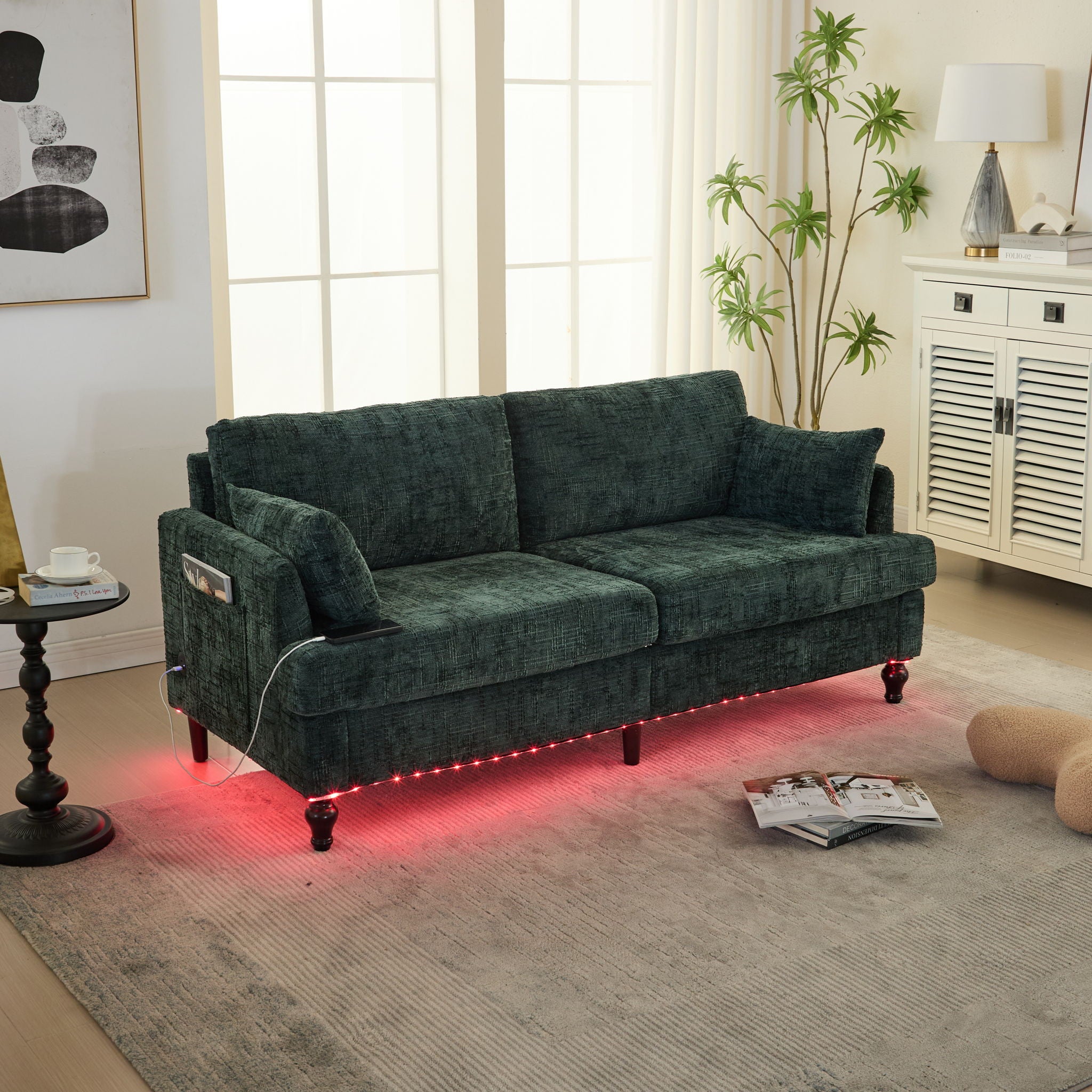 Chenille 2 Seater Sofa With LED Light, USB Charging Port, And Storage Bag - Best Buy Furniture