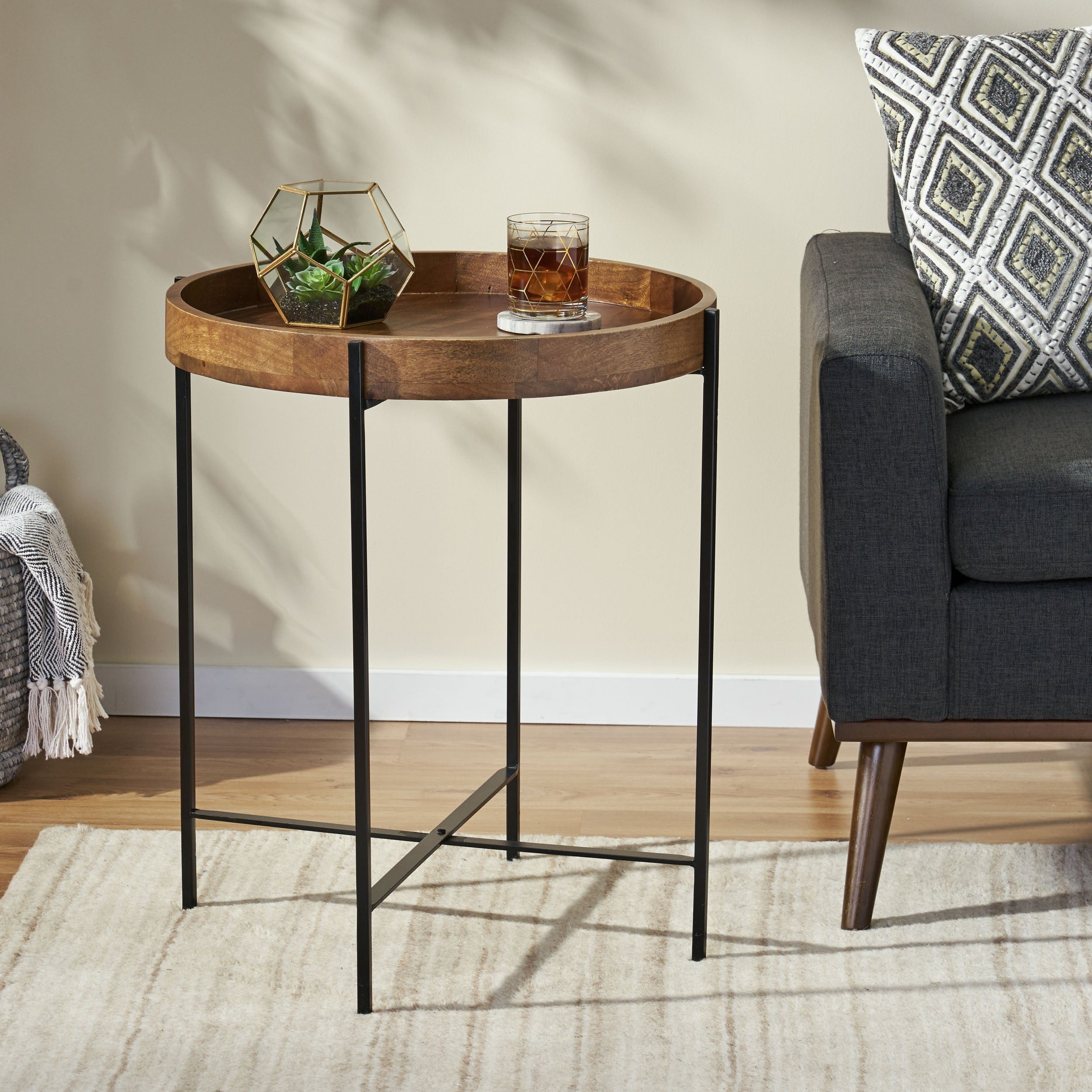 Modern Industrial Round End Table with Tray Top and Foldable Iron Legs in Natural Mango Wood - Best Buy Furniture