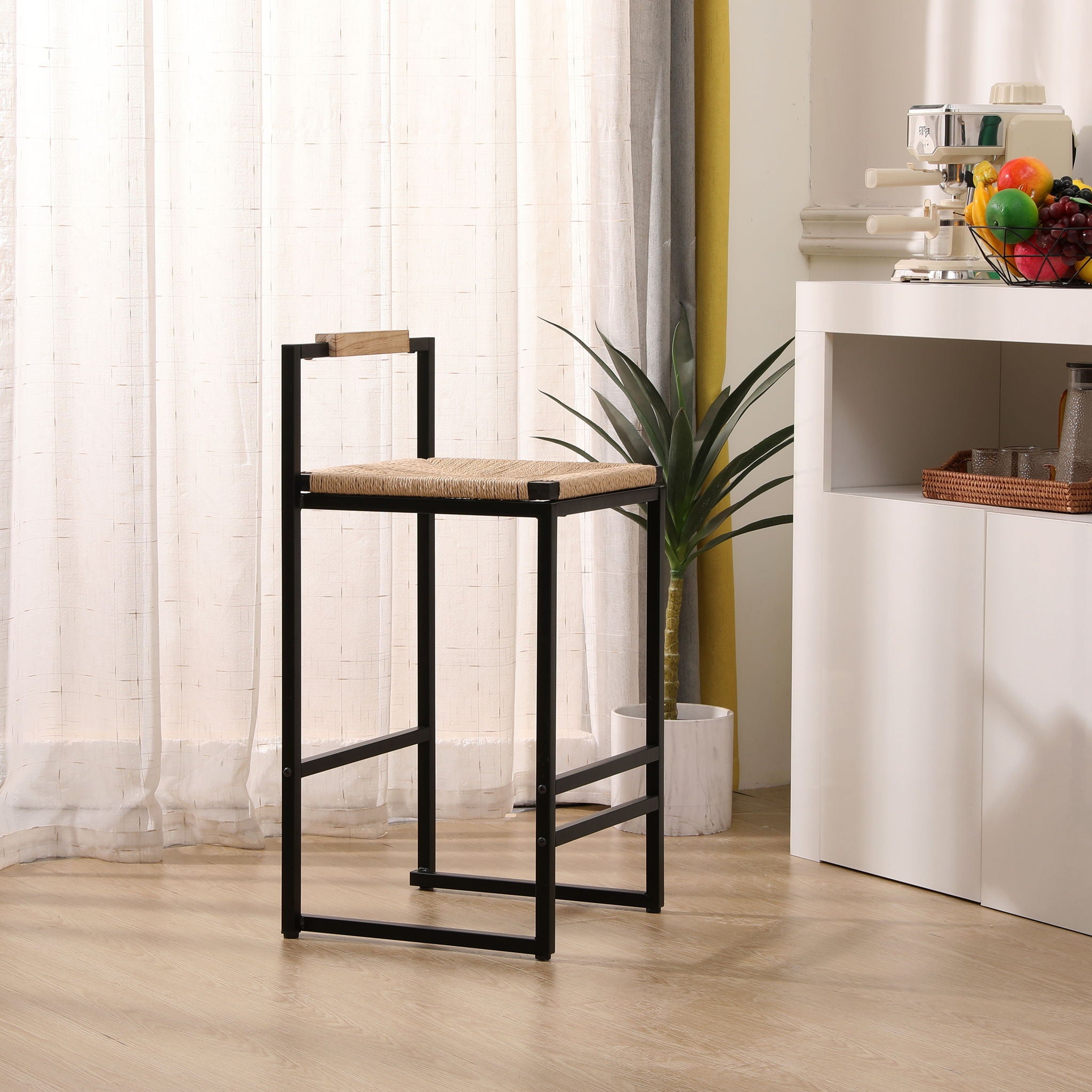 Stylish (Set of 2) Bar Stools With Backrest And Paper Rope Woven Seat, Counter Height Dining Chairs For Kitchen - Natural - Best Buy Furniture