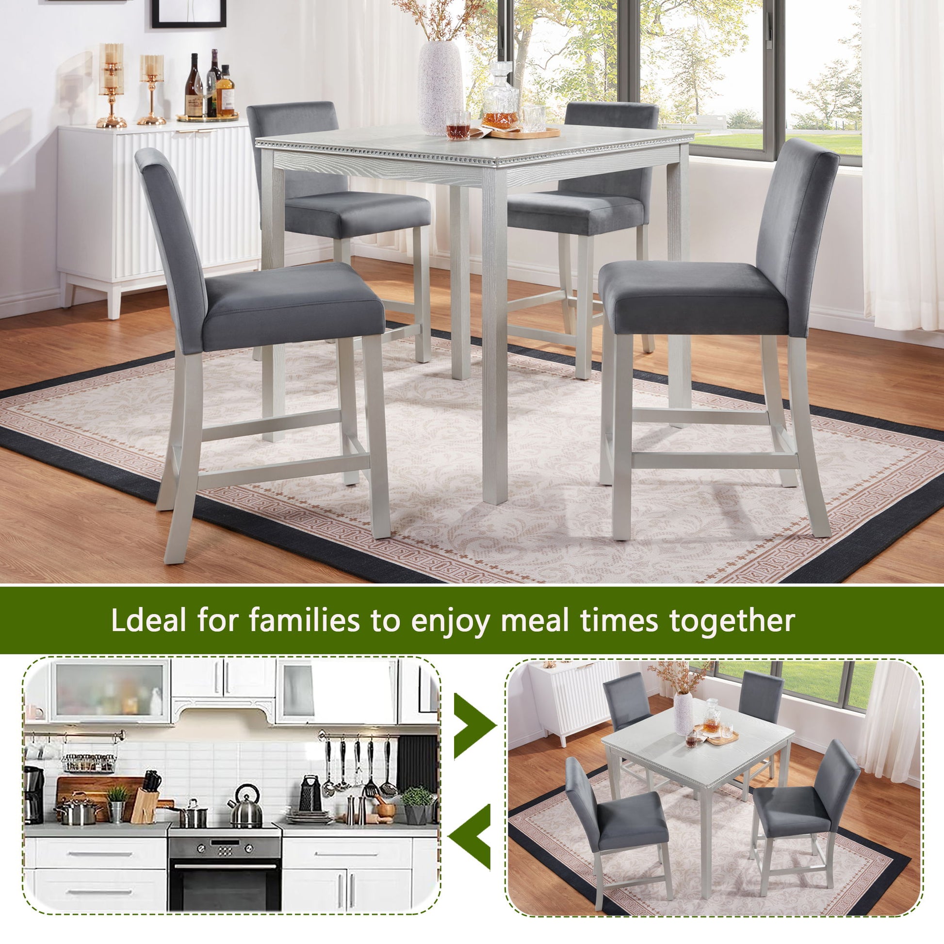 5 Pieces Counter Height Table Set, Kitchen Table With Square Table And 4 Upholstered Chairs - Best Buy Furniture