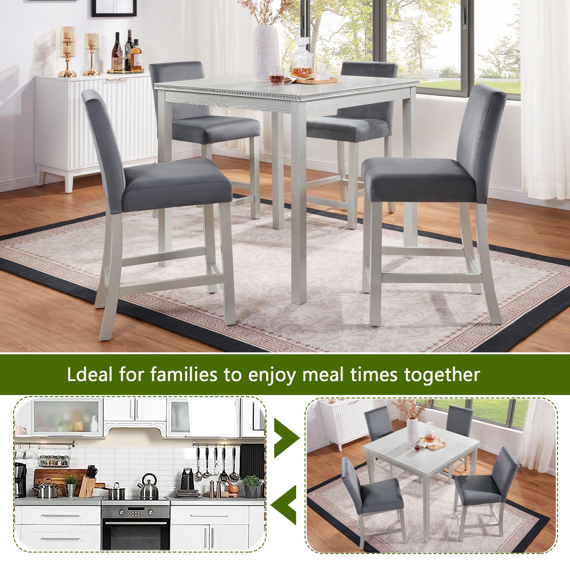 5 Pieces Counter Height Table Set, Kitchen Table With Square Table And 4 Upholstered Chairs - Best Buy Furniture