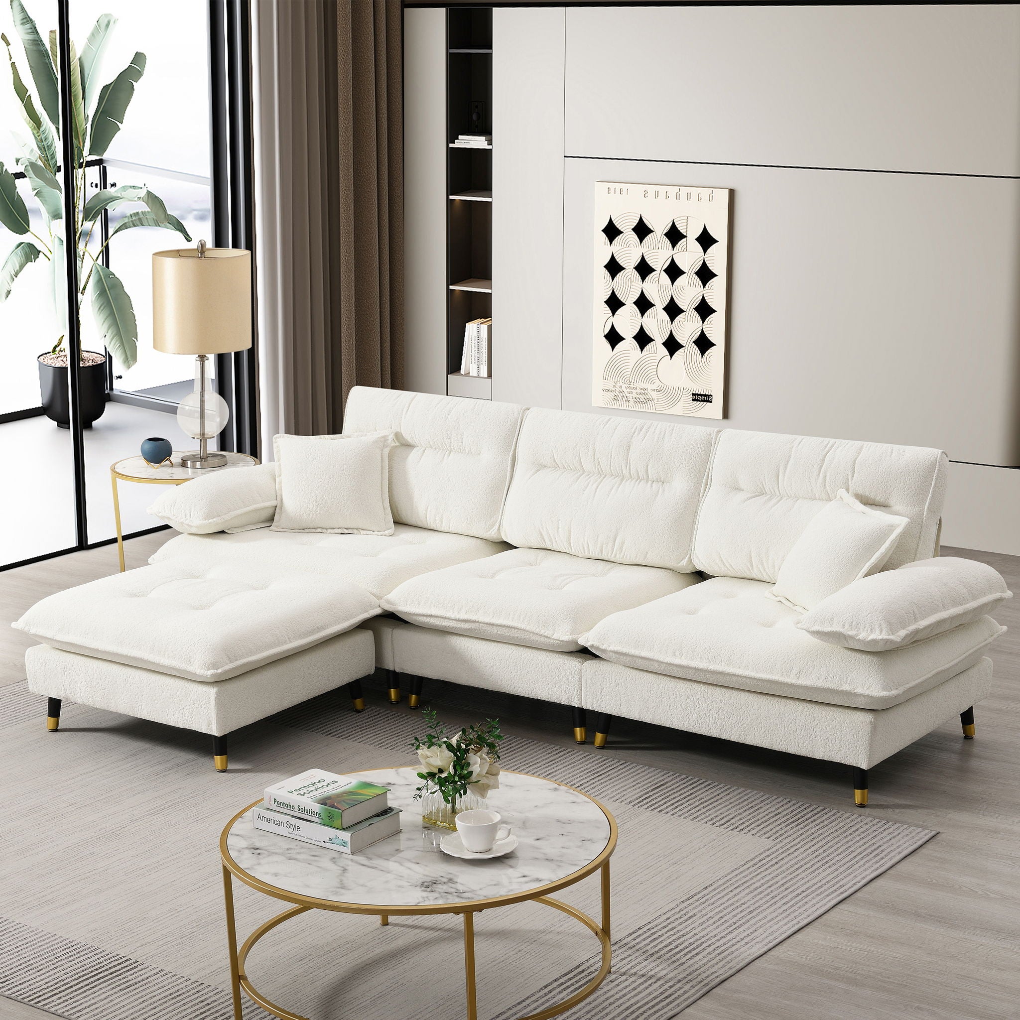 L Shaped Convertible Sectional Sofa 4 Seat Tufted Couch Set With Two Tone Adjust Legs Cloud Movable Ottoman - Best Buy Furniture