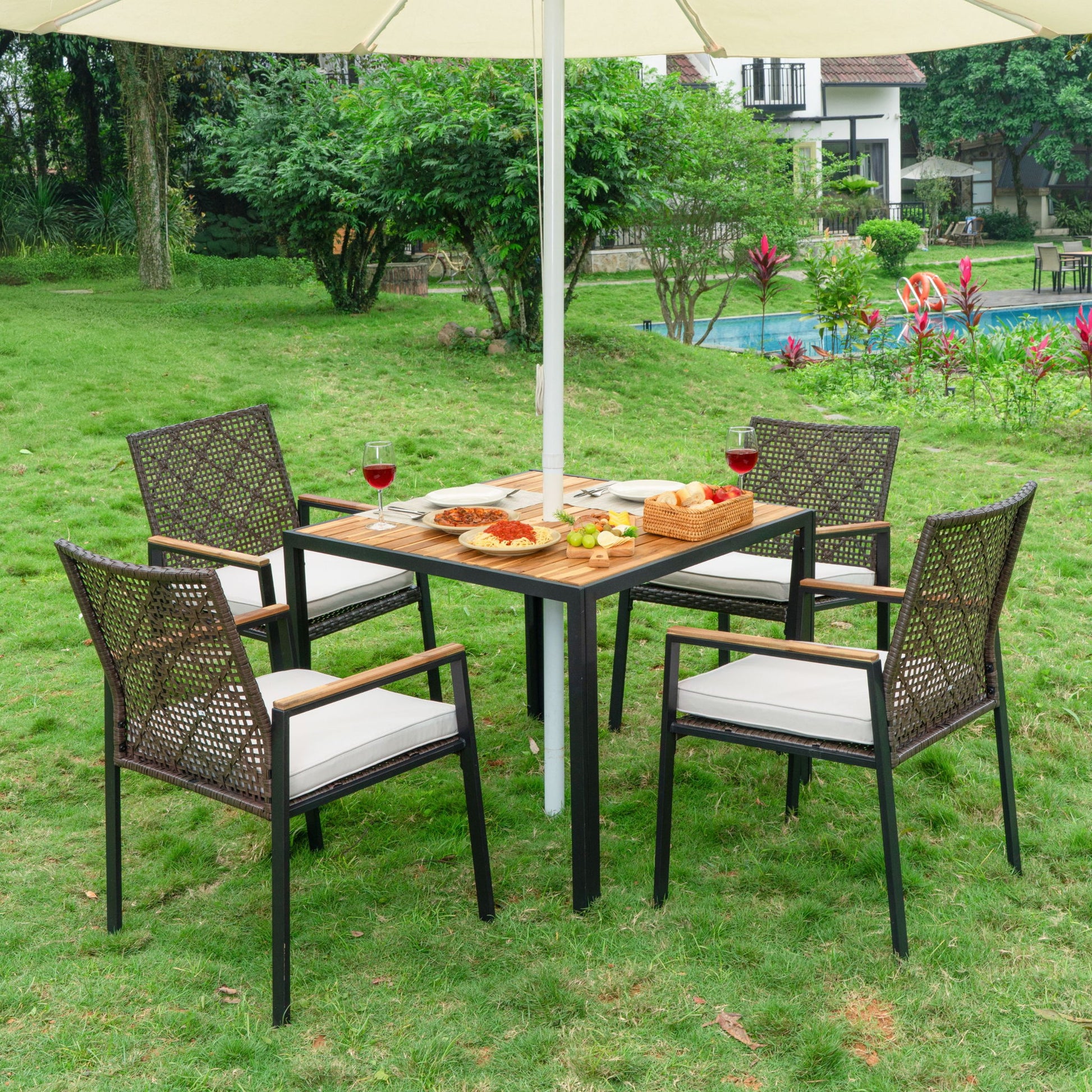 5 Piece Patio Dining Table Set, Acacia Wood Table Top With Umbrella Hole - Best Buy Furniture