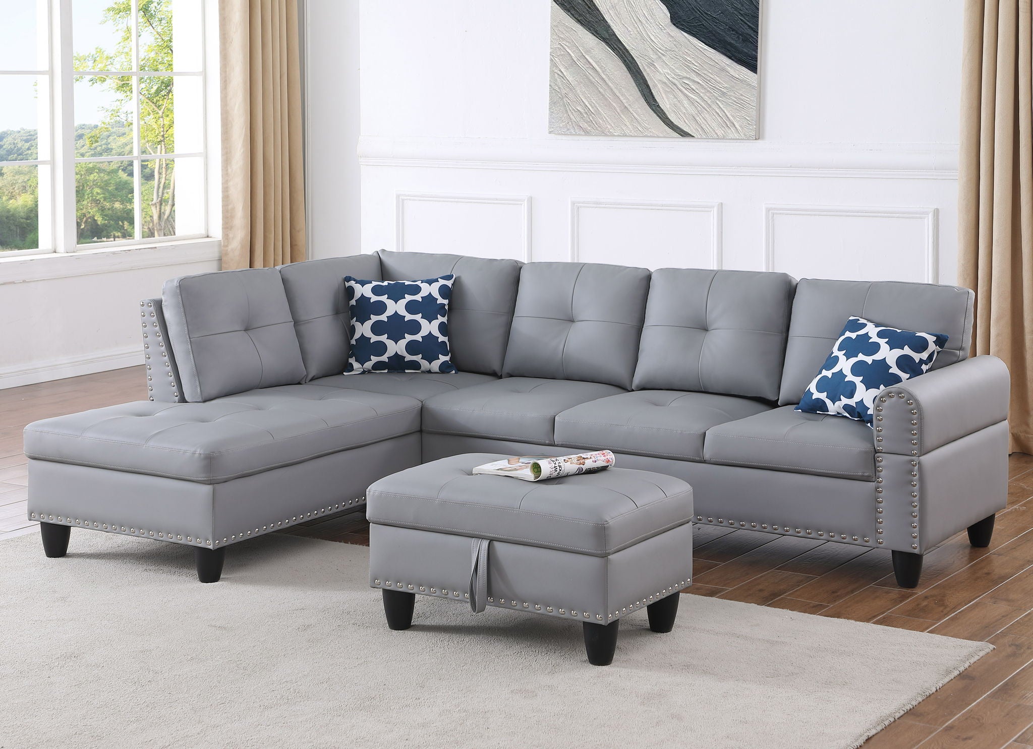 Irine - Faux Leather Sectional Sofa With Ottoman - Gray - Best Buy Furniture