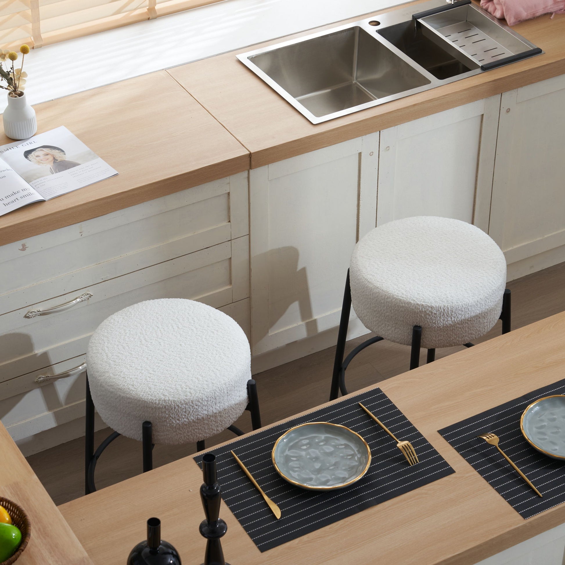 Round Bar Stools (Set of 2), Contemporary Upholstered Dining Stools For Kitchens, Coffee Shops And Bar Stores - Best Buy Furniture