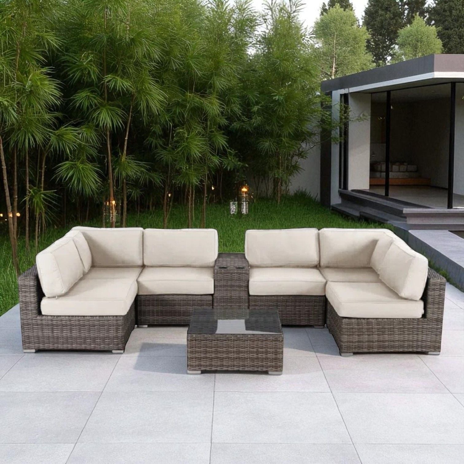 Elegant 4 Person Wicker Patio Seating Set With Cushions And Glass Top Table - Best Buy Furniture