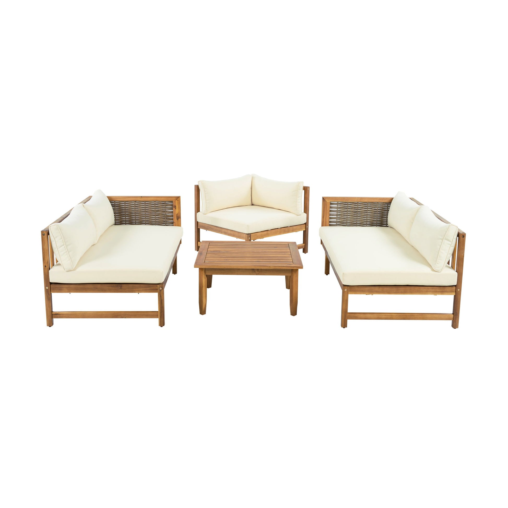 Premium Outdoor Sofa Set With Waterproof Cushions Sectional Seating Group With Acacia Wood And Wicker - Brown Mix / Beige - Best Buy Furniture