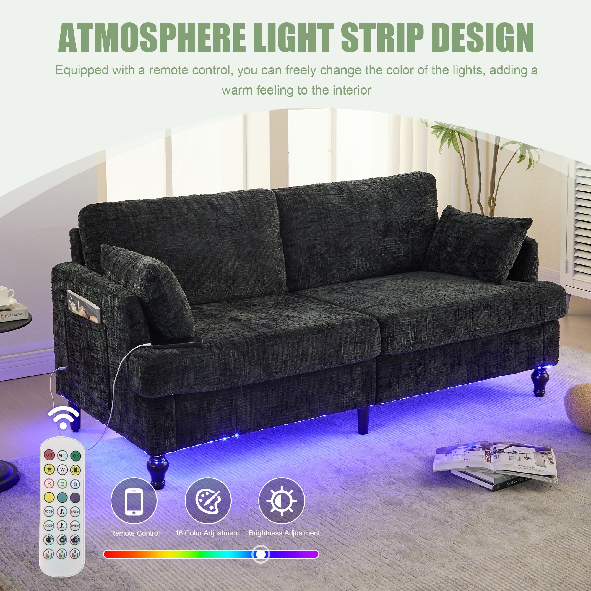 Chenille 2 Seater Sofa With LED Light, USB Charging Port, And Storage Bag - Best Buy Furniture
