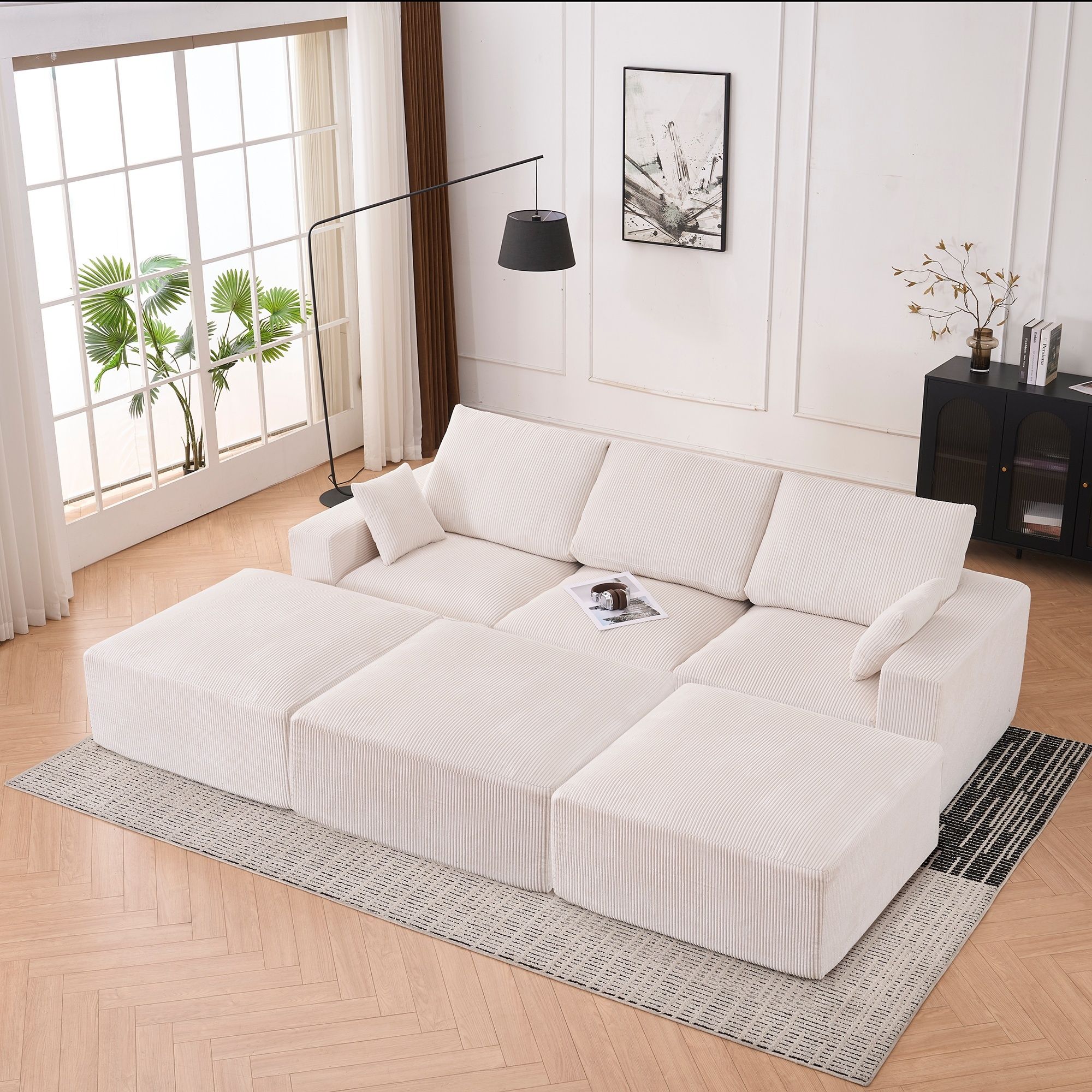 Modular Sectional Sofa With Ottoman, USB And Type C Charger, Petal Armrest Design - Best Buy Furniture