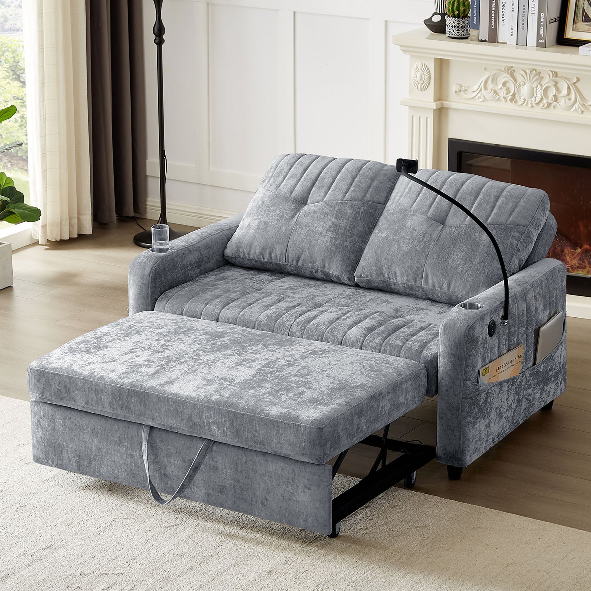 Modern Loveseat Pull Out Sofa Bed With Adjustable Backrest, Two Cup Holders, A Phone Holder, Three Charging Ports And Side Storage Pockets For Living Room - Best Buy Furniture