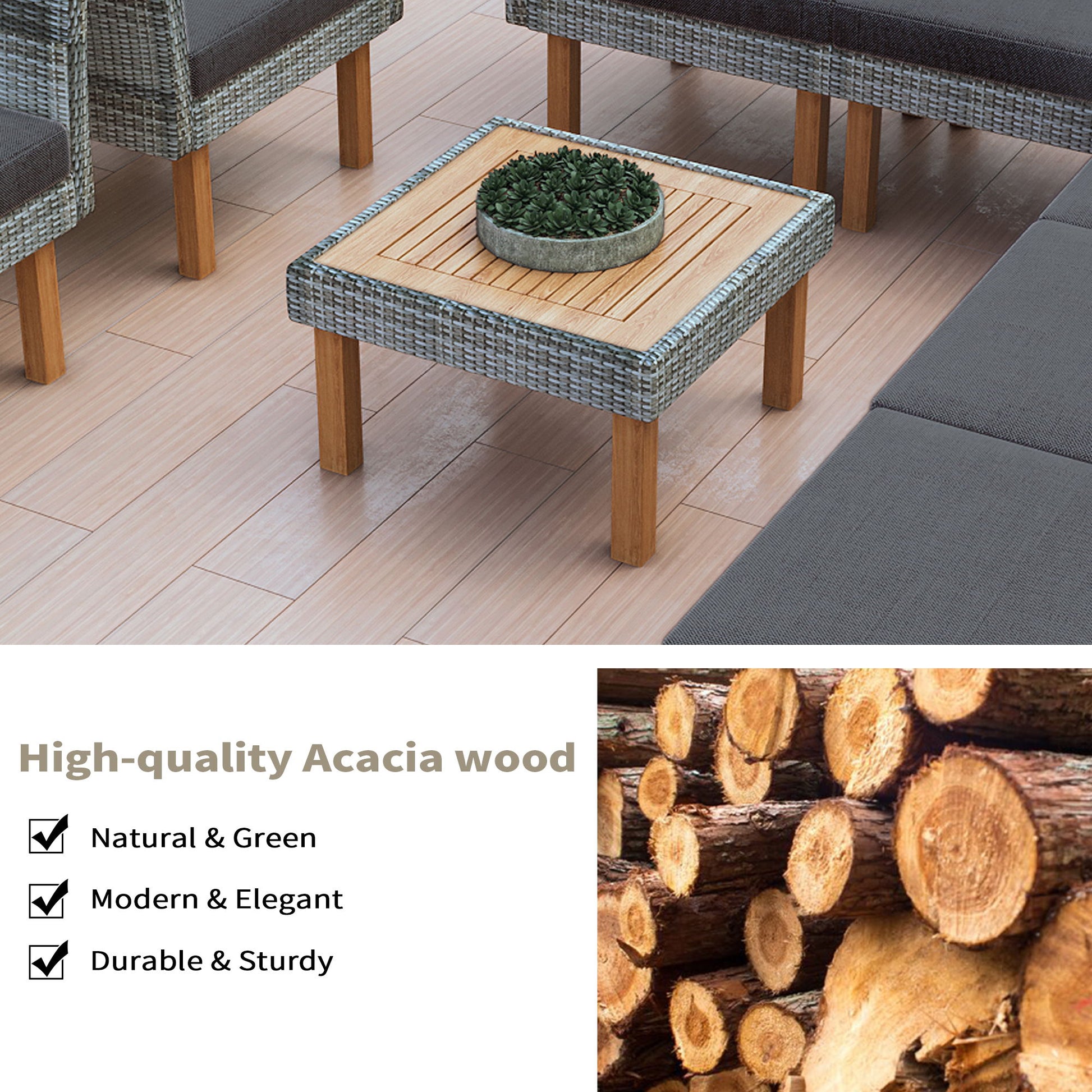 9 Piece Patio Rattan Furniture Set, Outdoor Conversation Set With Acacia Wood Legs And Tabletop, PE Rattan Sectional Sofa Set With Coffee Table, Washable Cushion - Best Buy Furniture