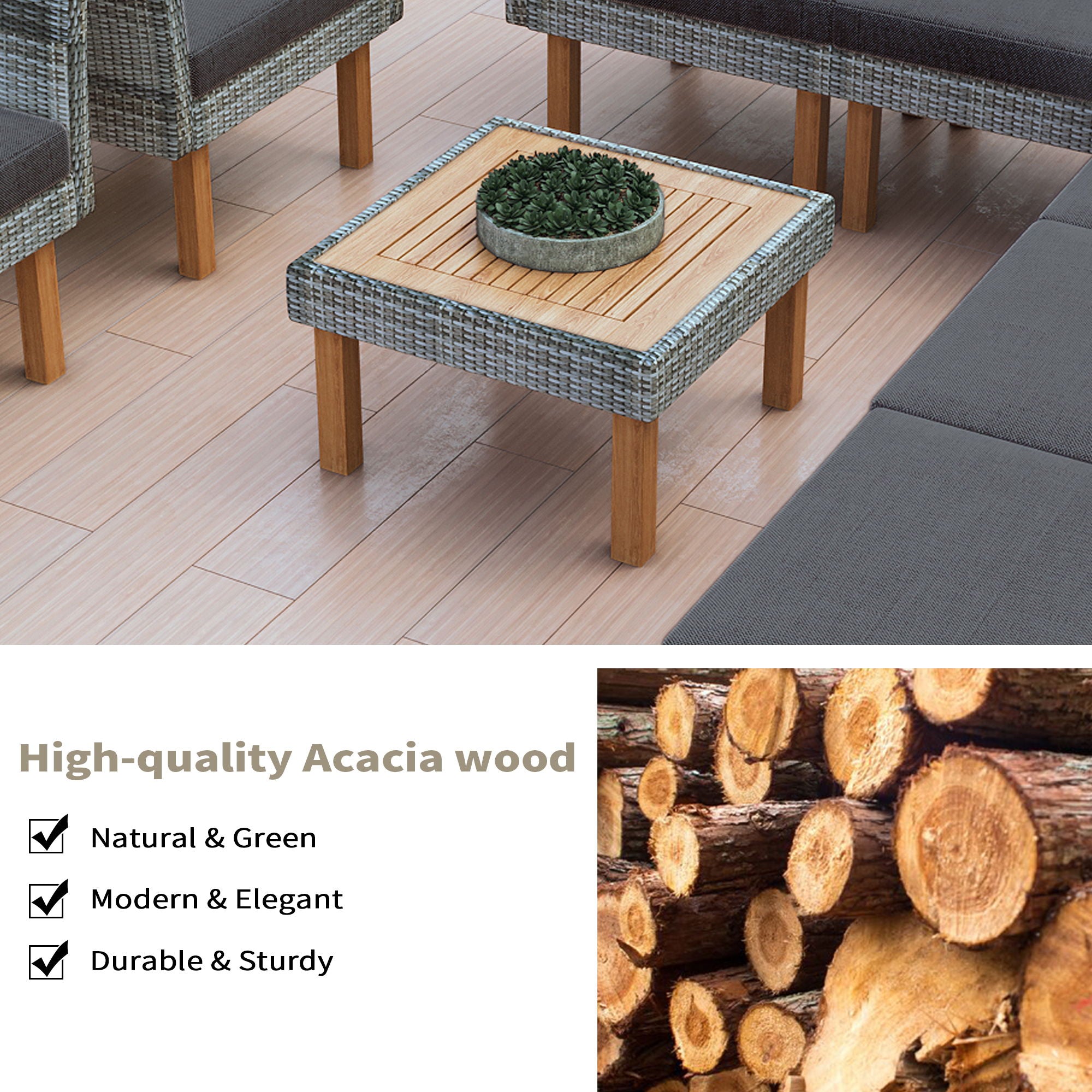9 Piece Patio Rattan Furniture Set, Outdoor Conversation Set With Acacia Wood Legs And Tabletop, PE Rattan Sectional Sofa Set With Coffee Table, Washable Cushion - Best Buy Furniture