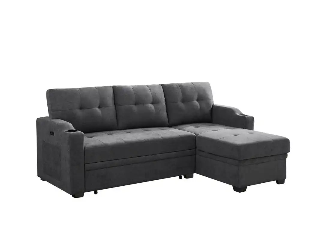Mabel - Woven Fabric Sleeper Sectional With Cupholder, USB Charging Port nd Pocket - Dark Gray - Best Buy Furniture