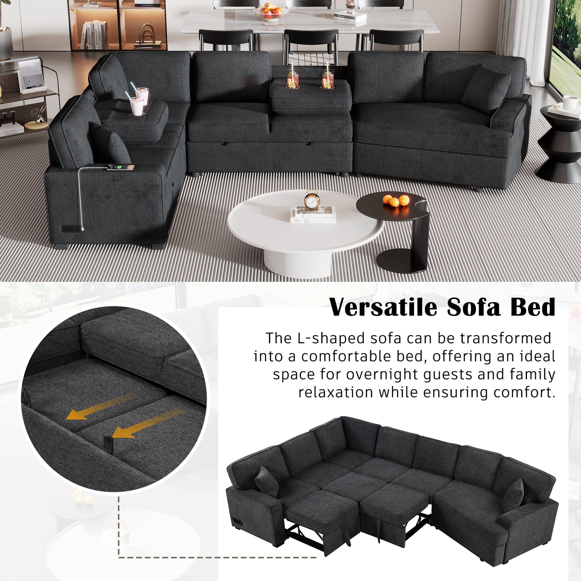 L-Shaped Sofa Sectional Sofa Couch Pull-Out Sofa Bed With Charging Devices And Cup Holders For Living Room - Best Buy Furniture