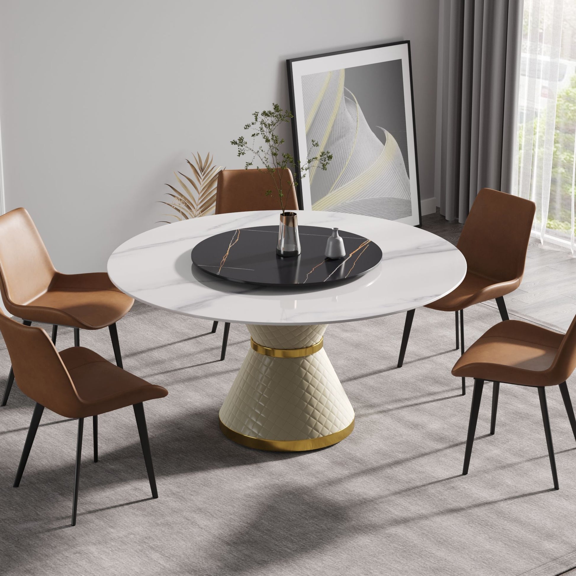 Modern Artificial Stone Round Carbon Steel Base Dining Table, Artificial Stone Turntable - Best Buy Furniture