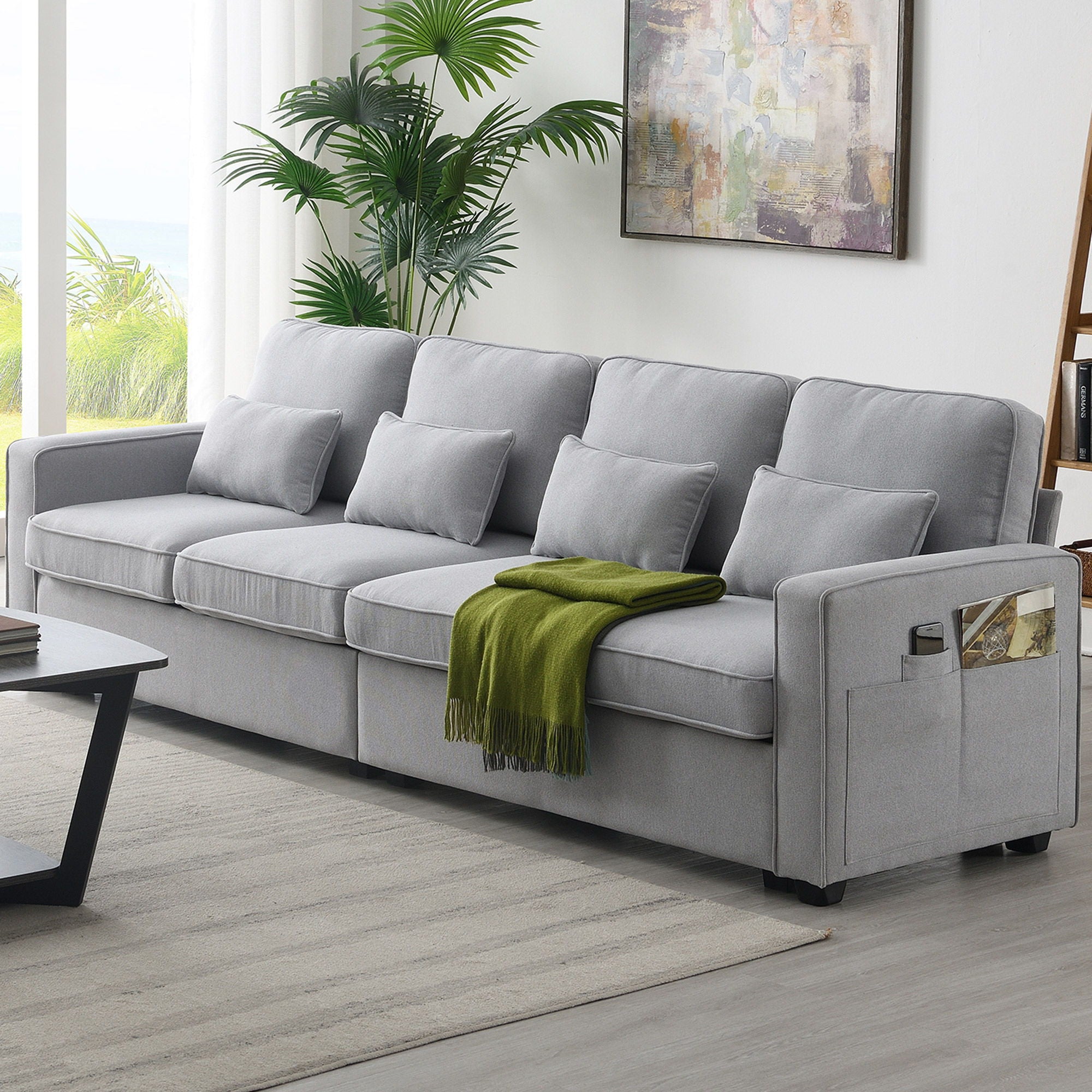 4 Seater Modern Linen Sofa With Armrest Pockets And 4 Pillows, Minimalist Style Couch For Living Room - Best Buy Furniture