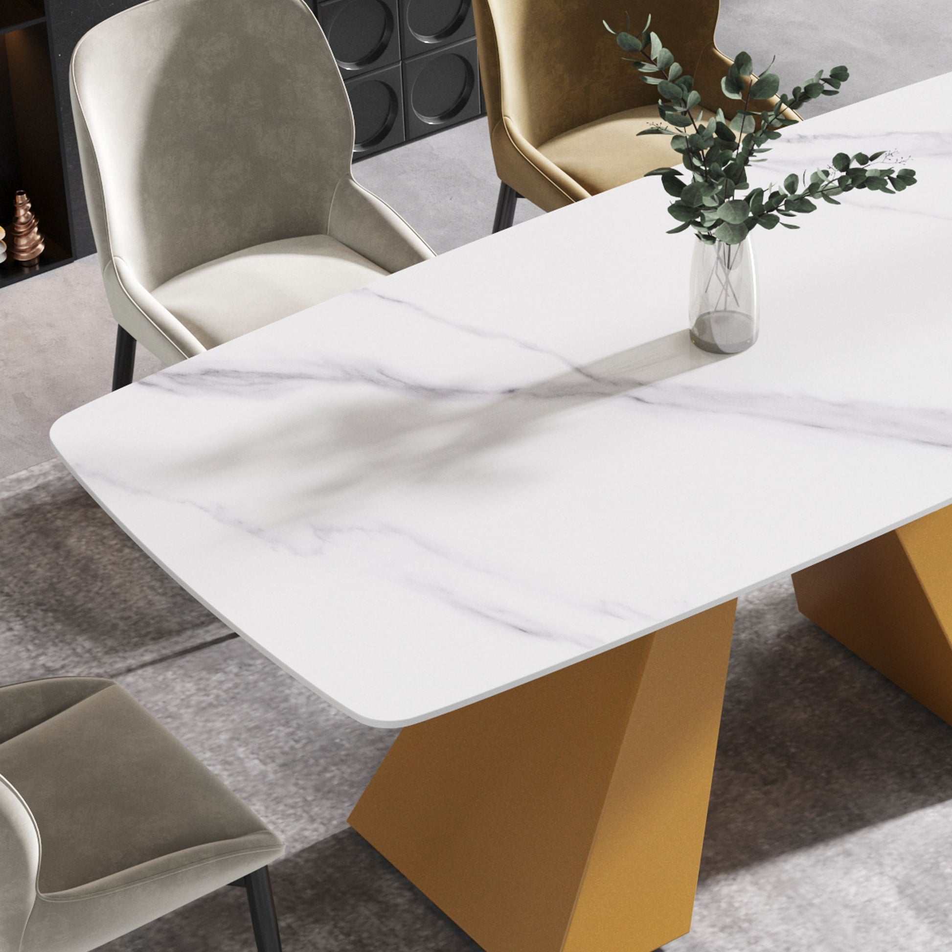 Modern Artificial Stone Curved Metal Leg Dining Table, Can Accommodate 6-8 People - White / Gold - Best Buy Furniture