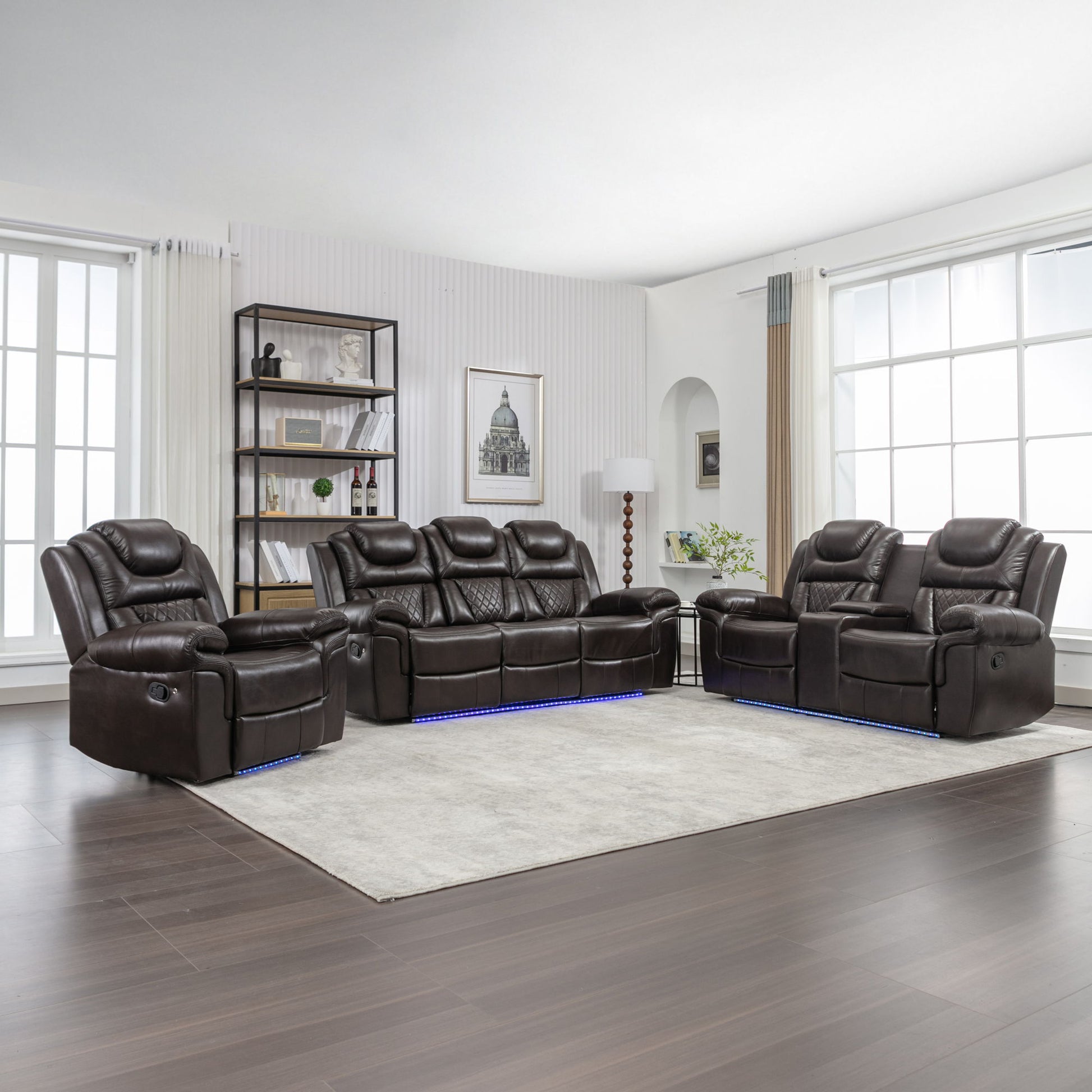 3 Pieces Recliner Sofa Sets Home Theater Seating Manual Recliner Chair With Center Console And LED Light Strip For Living Room - Best Buy Furniture
