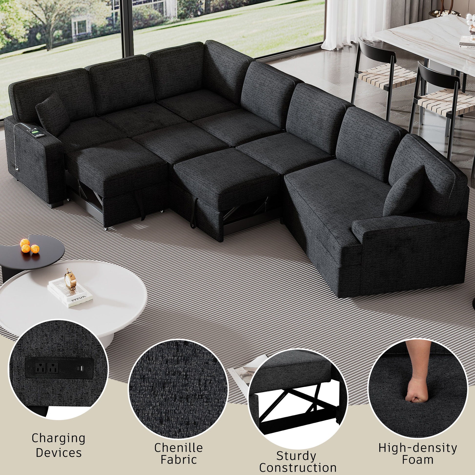 L-Shaped Sofa Sectional Sofa Couch Pull-Out Sofa Bed With Charging Devices And Cup Holders For Living Room - Best Buy Furniture