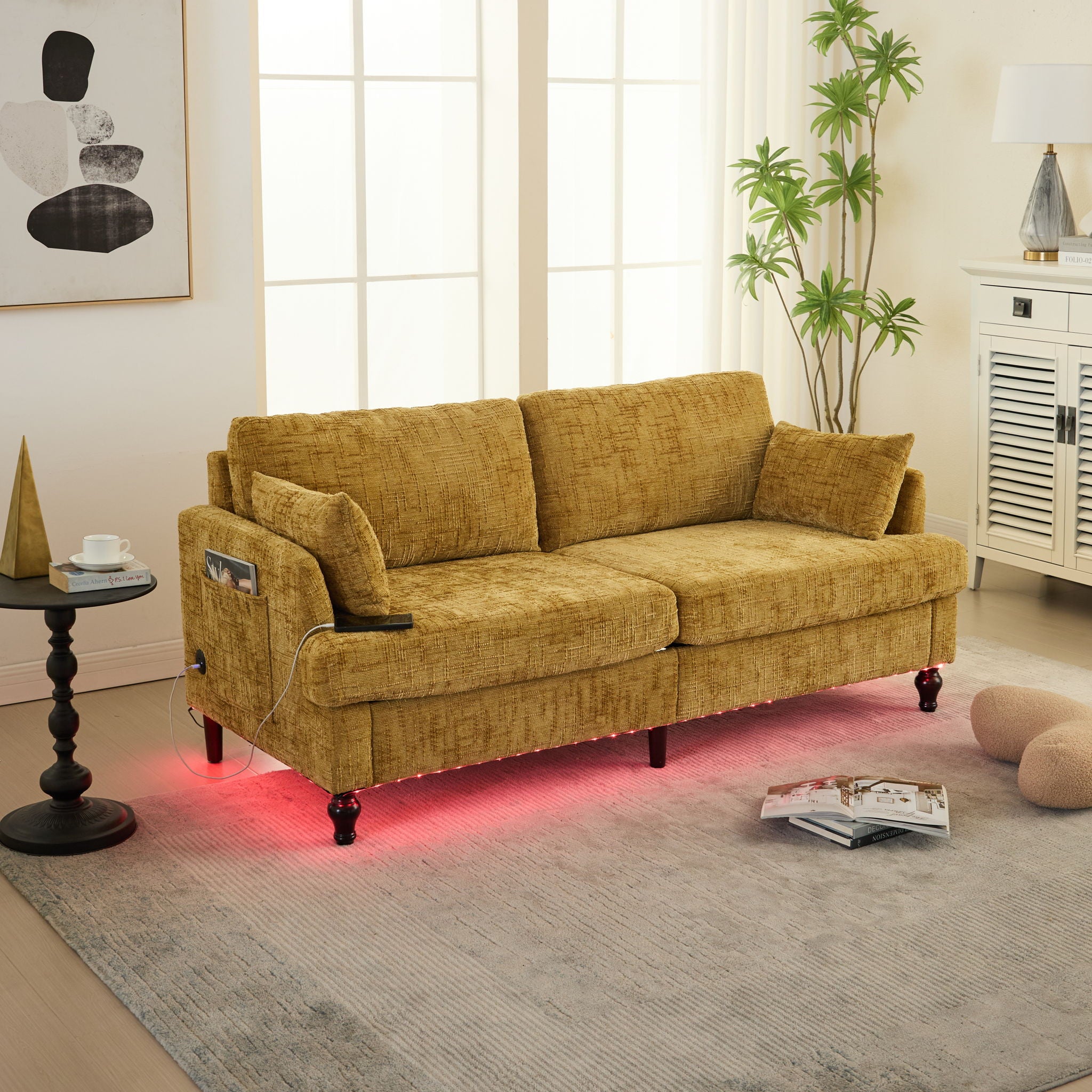 Chenille 2 Seater Sofa With LED Light, USB Charging Port, And Storage Bag - Best Buy Furniture