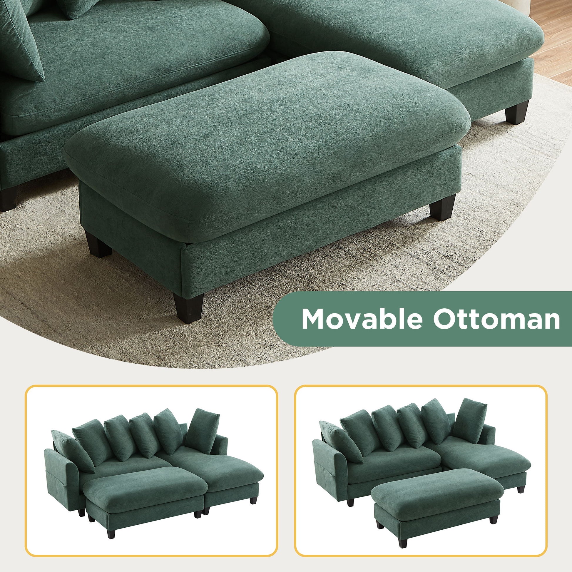 Upholstered L Shaped Sectional Sofa With Storage, Movable Ottoman, And 6 Throw Pillows - Best Buy Furniture