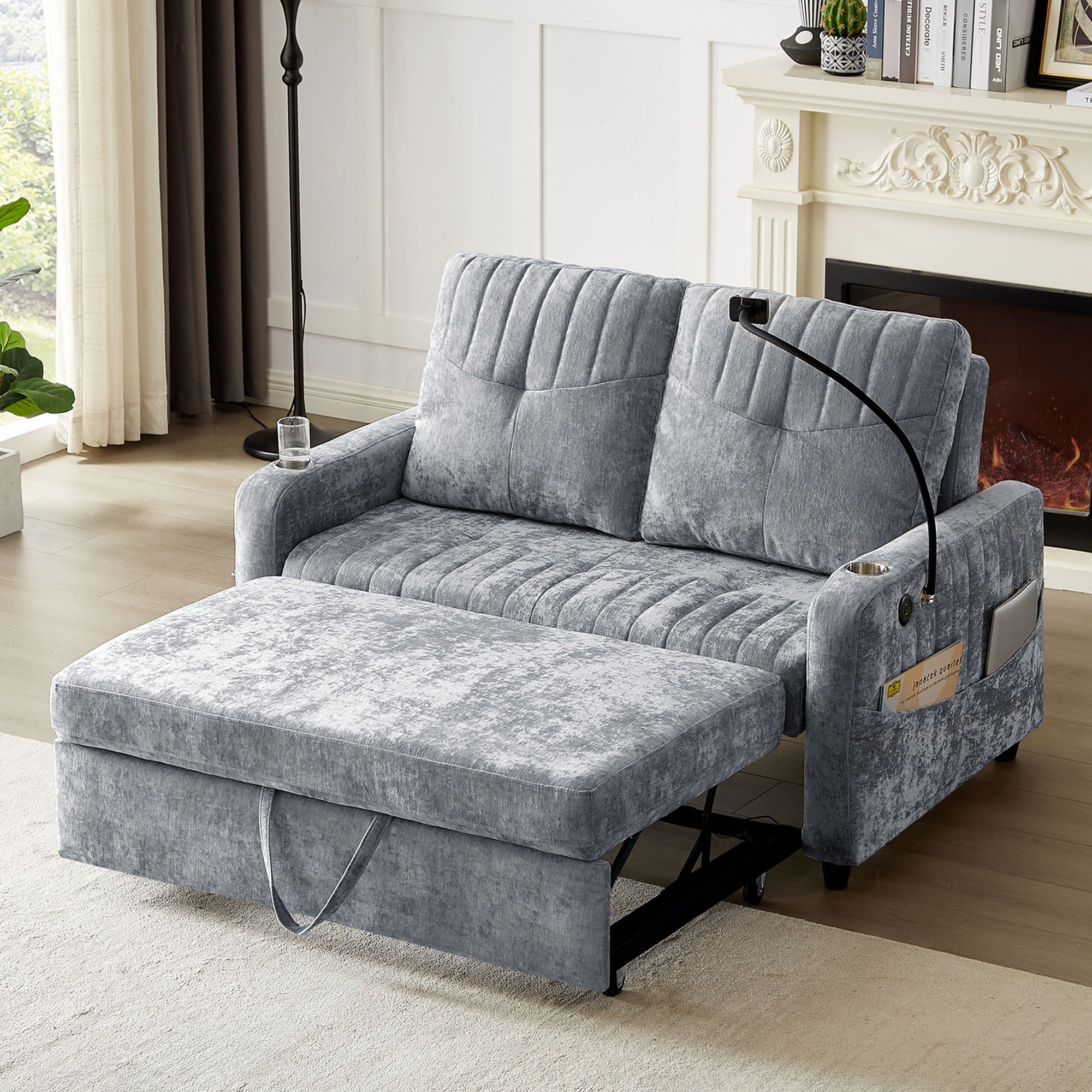 Modern Loveseat Pull Out Sofa Bed With Adjustable Backrest, Two Cup Holders, A Phone Holder, Three Charging Ports And Side Storage Pockets For Living Room - Best Buy Furniture