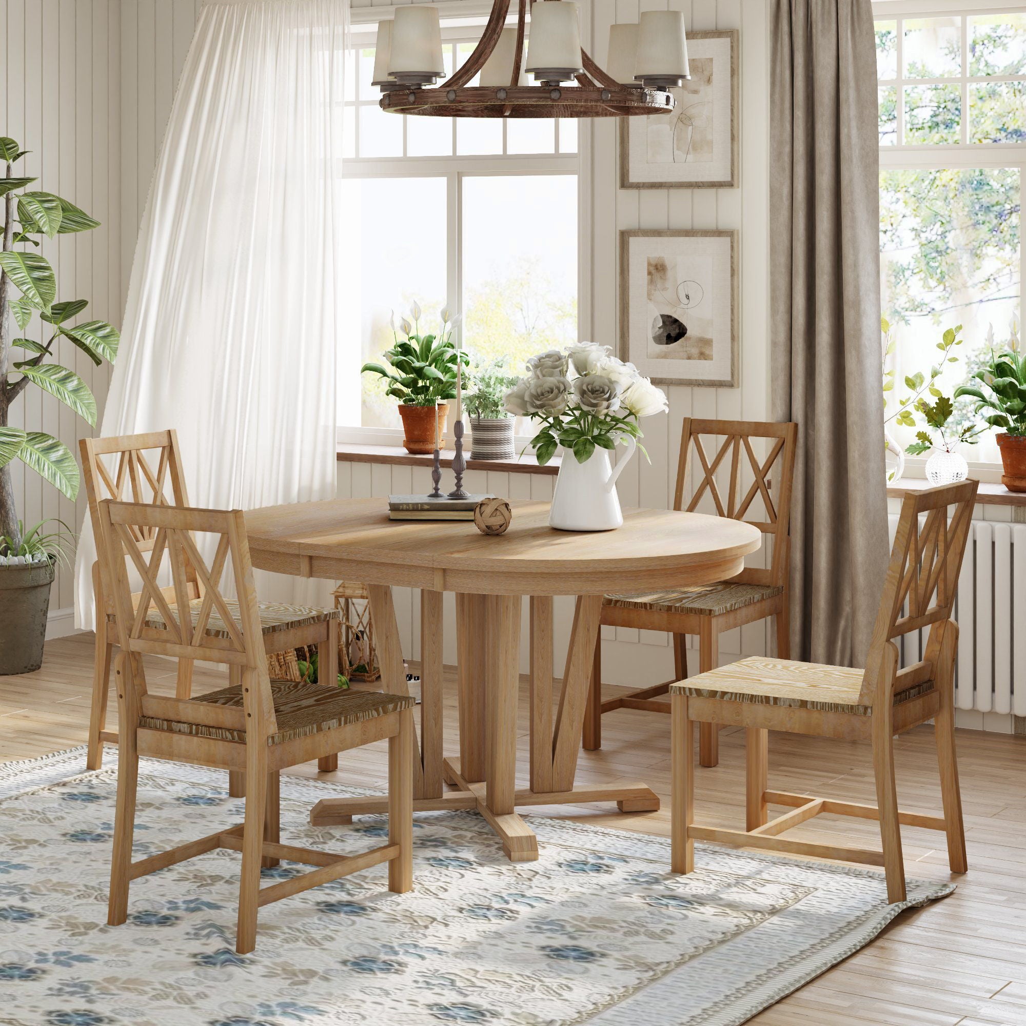 Topmax - 5 Piece Rustic Extendable Dining Table Set Round Trestle Table And 4 Cross Back Dining Chairs For Kitchen, Dining Room - Best Buy Furniture