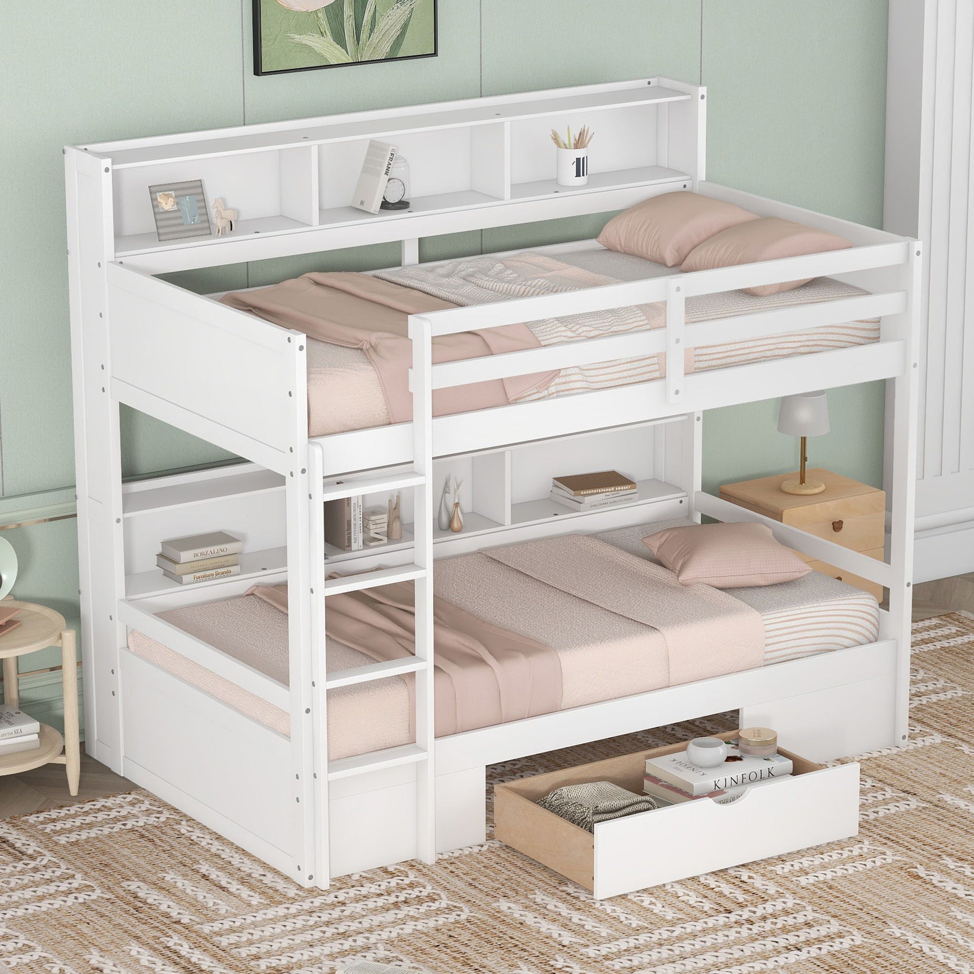 Twin Size Bunk Bed With Built-In Shelves Beside Both Upper And Down Bed And Storage Drawer - Best Buy Furniture