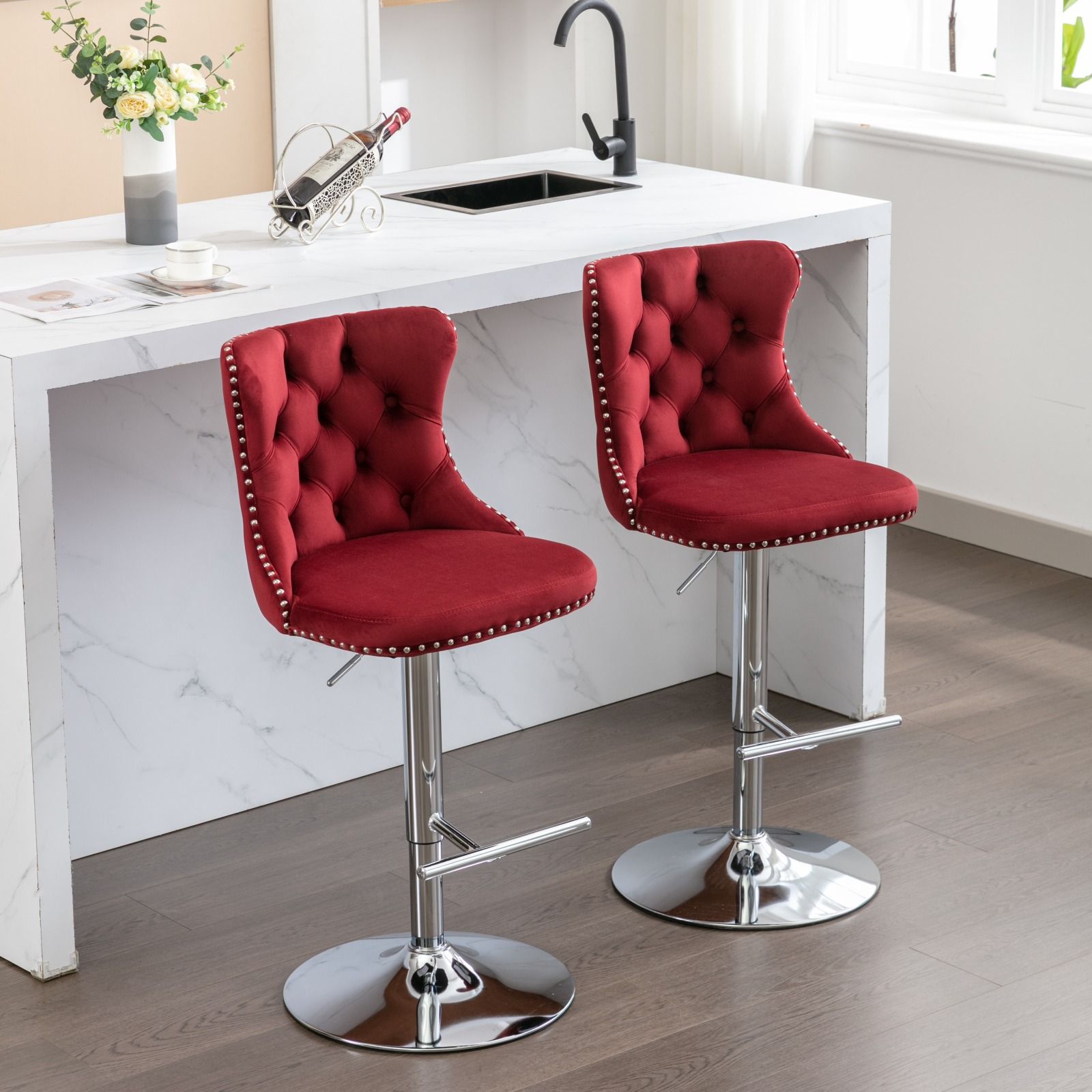 Swivel Velvet Barstools Adjusatble Seat Height From 25-33", Modern Upholstered Chrome Base Bar Stools With Backs Comfortable Tufted For Home Pub And Kitchen Island (Set of 2) - Best Buy Furniture