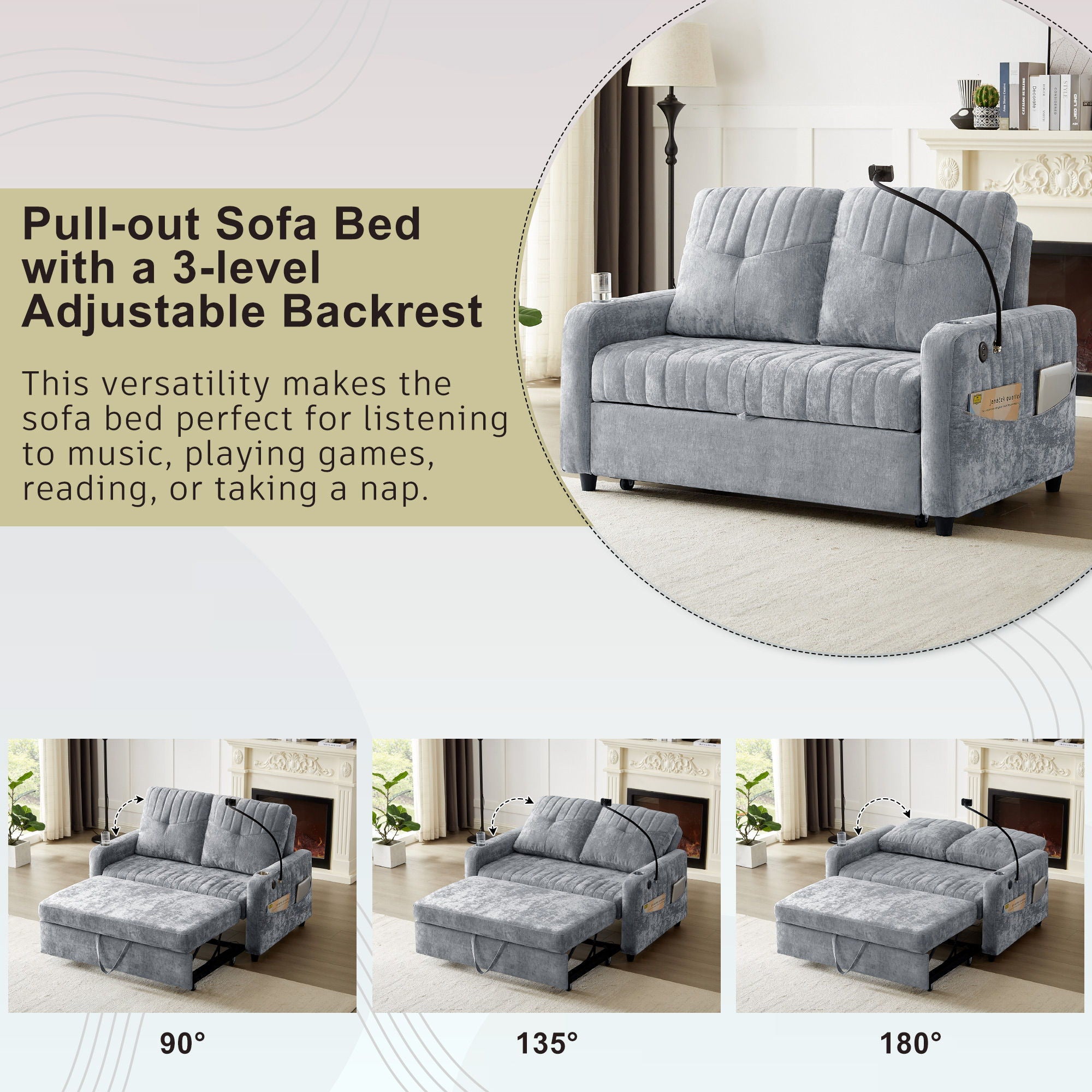 Modern Loveseat Pull Out Sofa Bed With Adjustable Backrest, Two Cup Holders, A Phone Holder, Three Charging Ports And Side Storage Pockets For Living Room - Best Buy Furniture