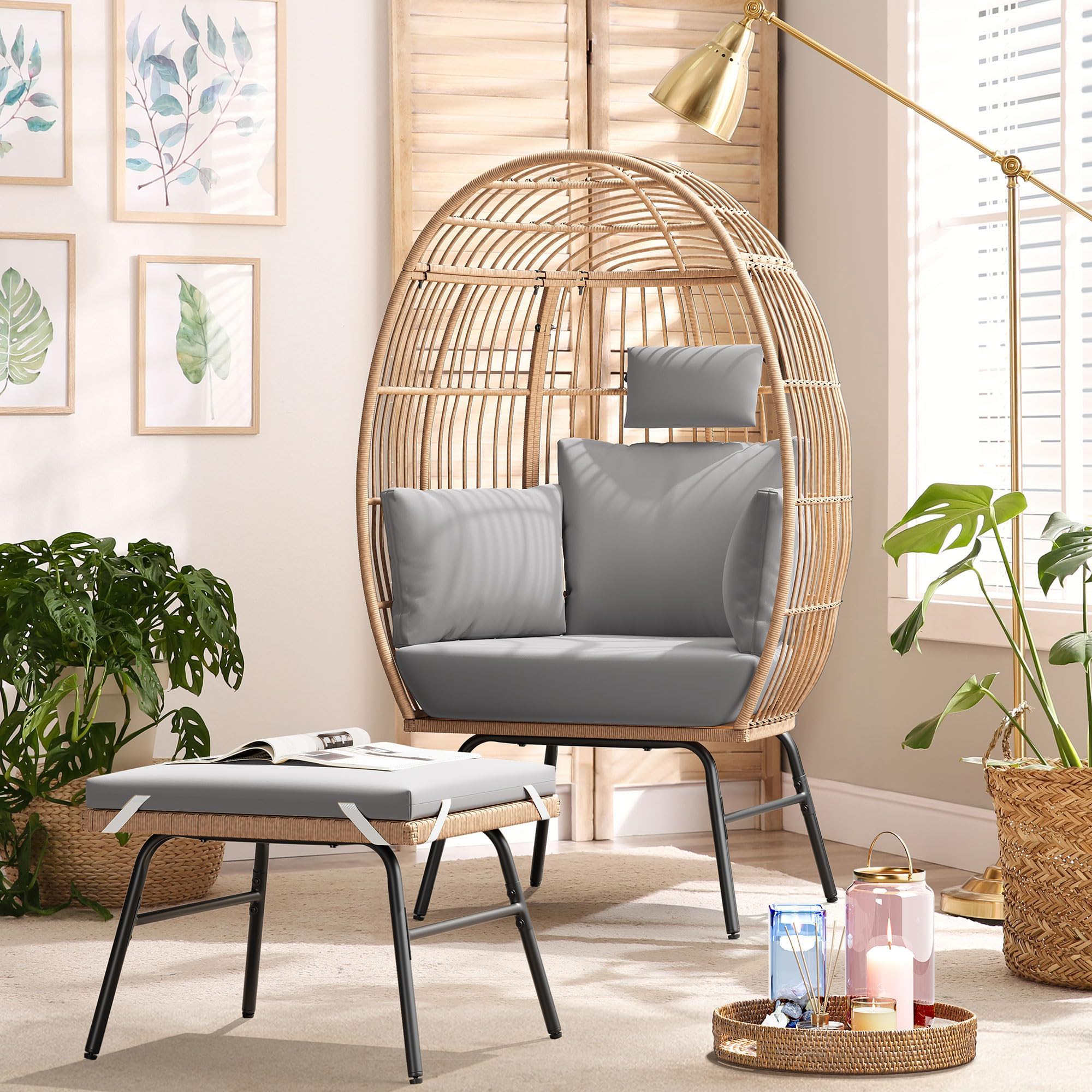Outdoor Garden Wicker Egg Chair And Footstool Patio Chaise, With Cushions, Outdoor Indoor Basket Chair - Best Buy Furniture