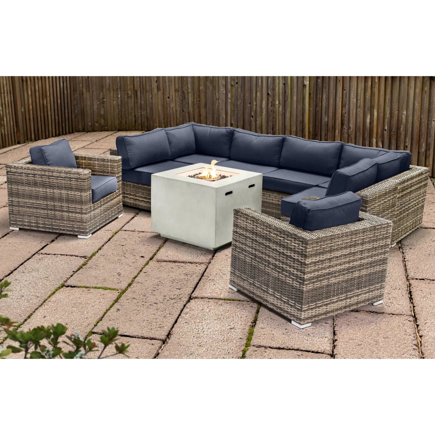 Premium 6 Person Wicker Patio Seating Group With Deep Cushions And Concrete Fire Pit - Gray Mix - Best Buy Furniture