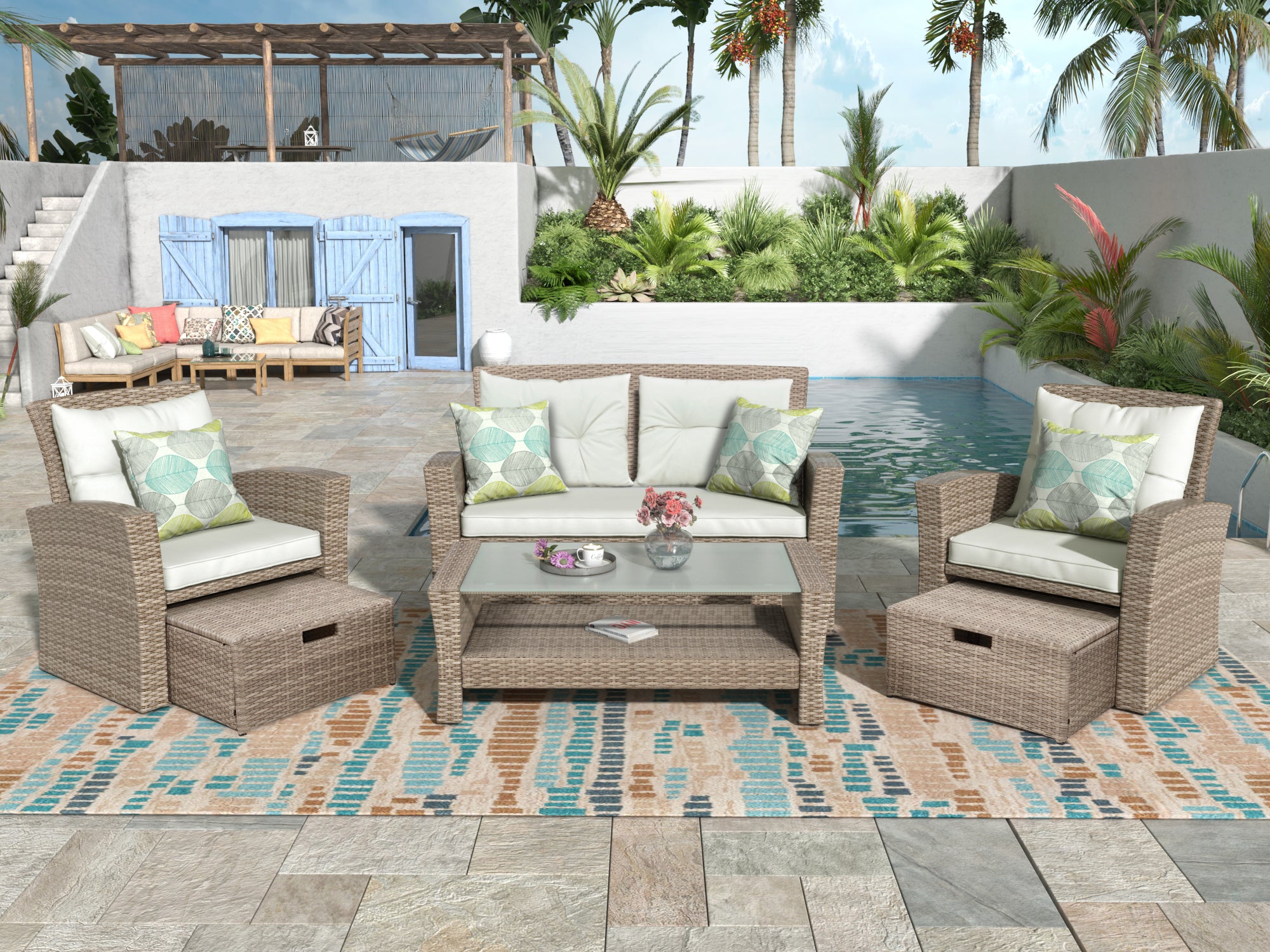 U-style Patio Furniture Set, 4 Piece Outdoor Conversation Set All Weather Wicker Sectional Sofa with Ottoman and Cushions - Best Buy Furniture
