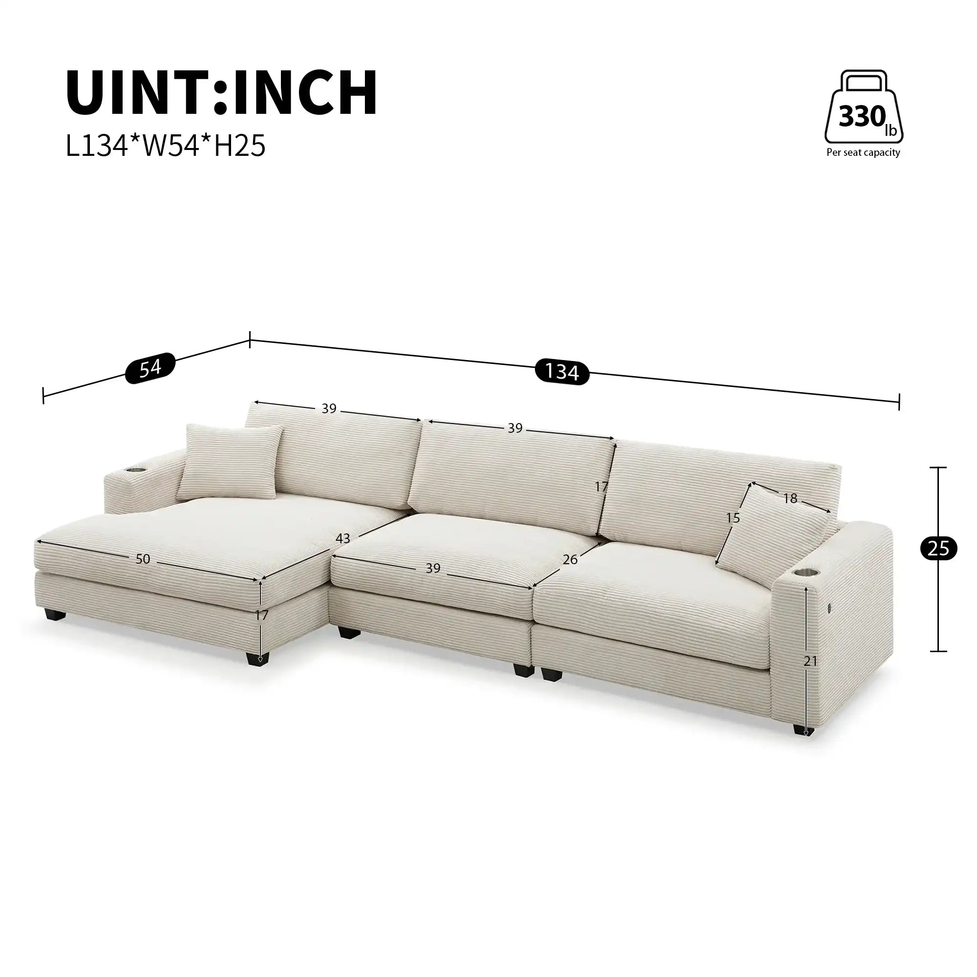 Oversized Corduroy L-Shaped Sectional Sofa with USB Charging, 3 Colors - Best Buy Furniture