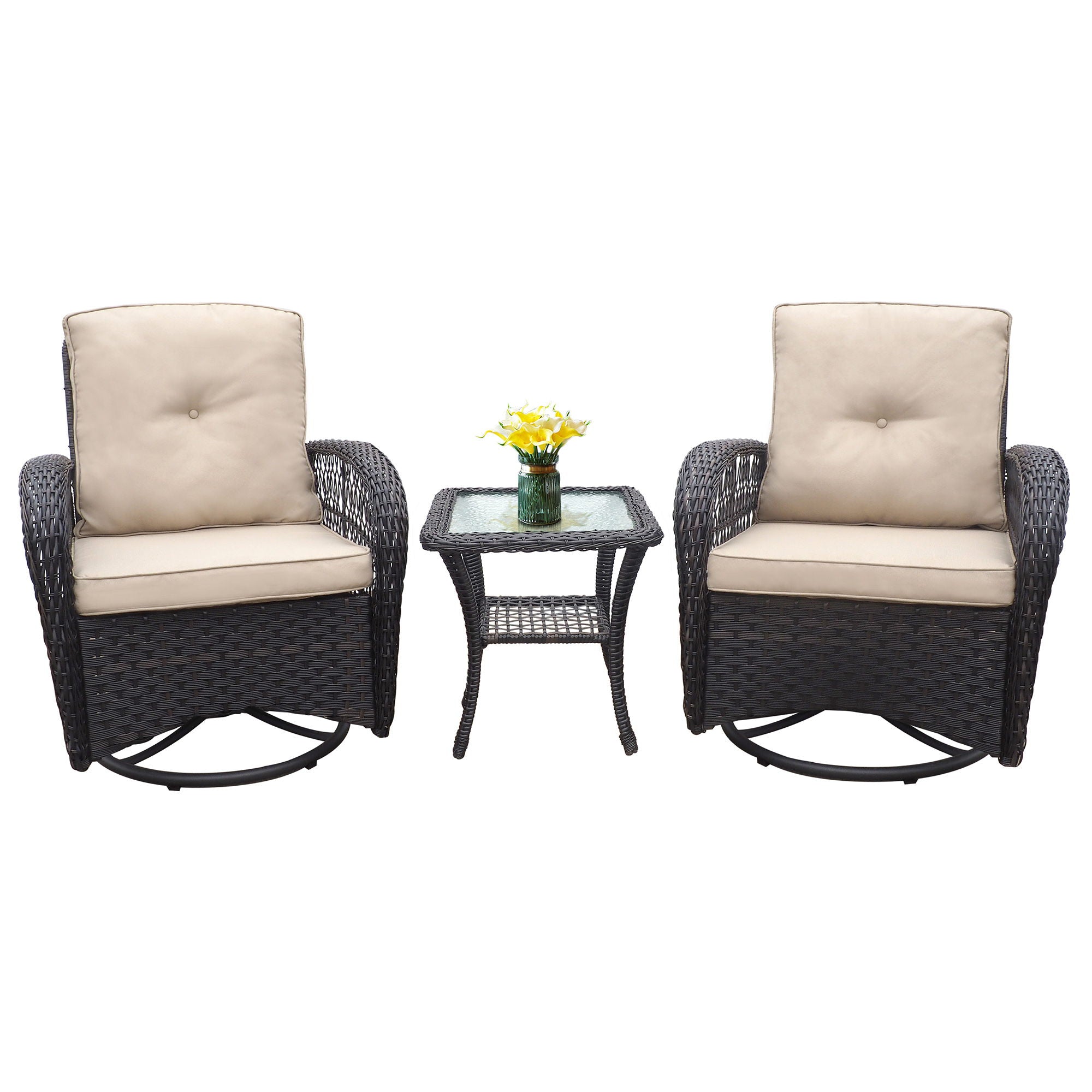 3 Pieces Conversation Set, Outdoor Wicker Rocker Swivel Patio Bistro Set, Rocking Chair With Glass Top Side Table - Best Buy Furniture