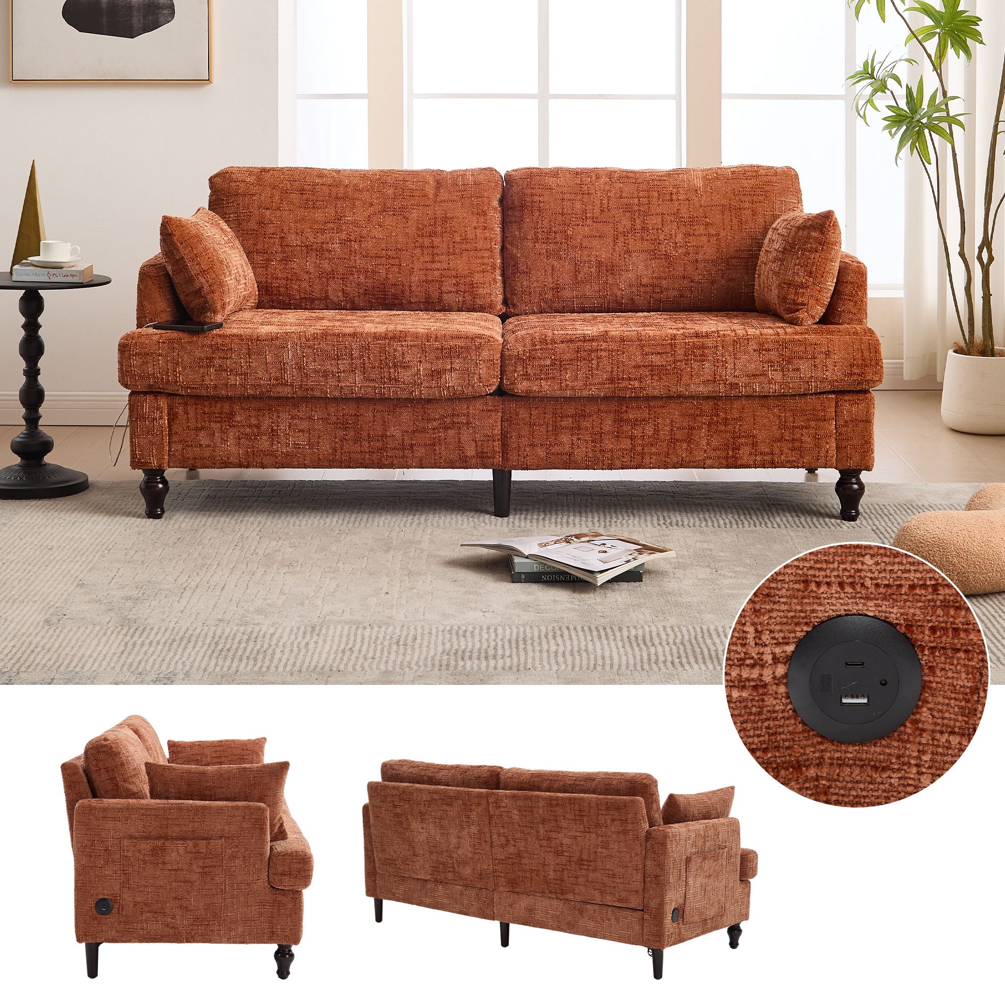 Chenille 2 Seater Sofa With LED Light, USB Charging Port, And Storage Bag - Best Buy Furniture
