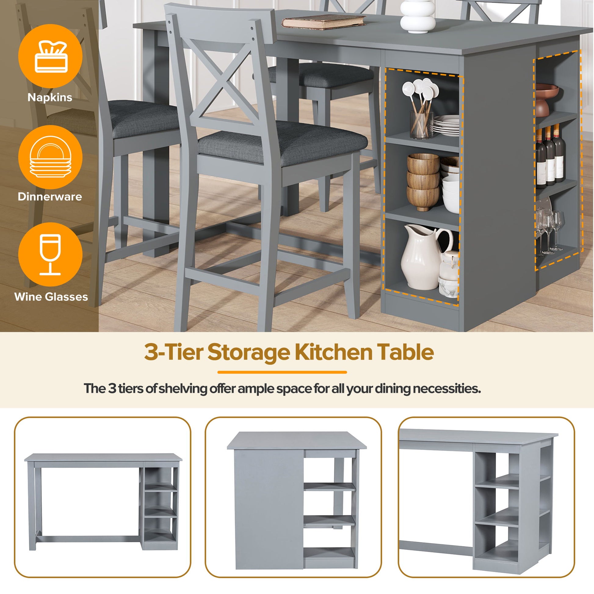 Solid Wood Farmhouse Counter Height Dining Table Set With 3 Tier Storage Shelves - Best Buy Furniture