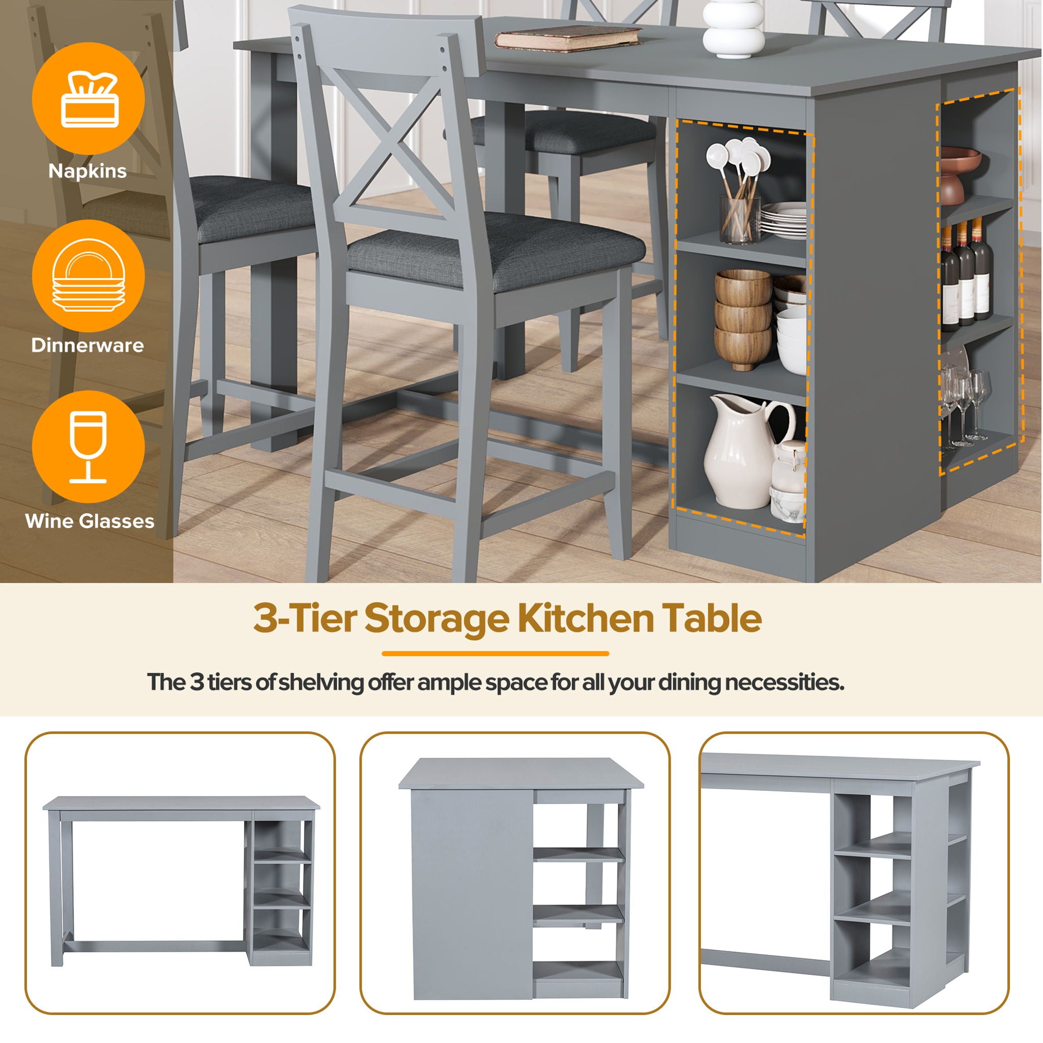 Solid Wood Farmhouse Counter Height Dining Table Set With 3 Tier Storage Shelves - Best Buy Furniture