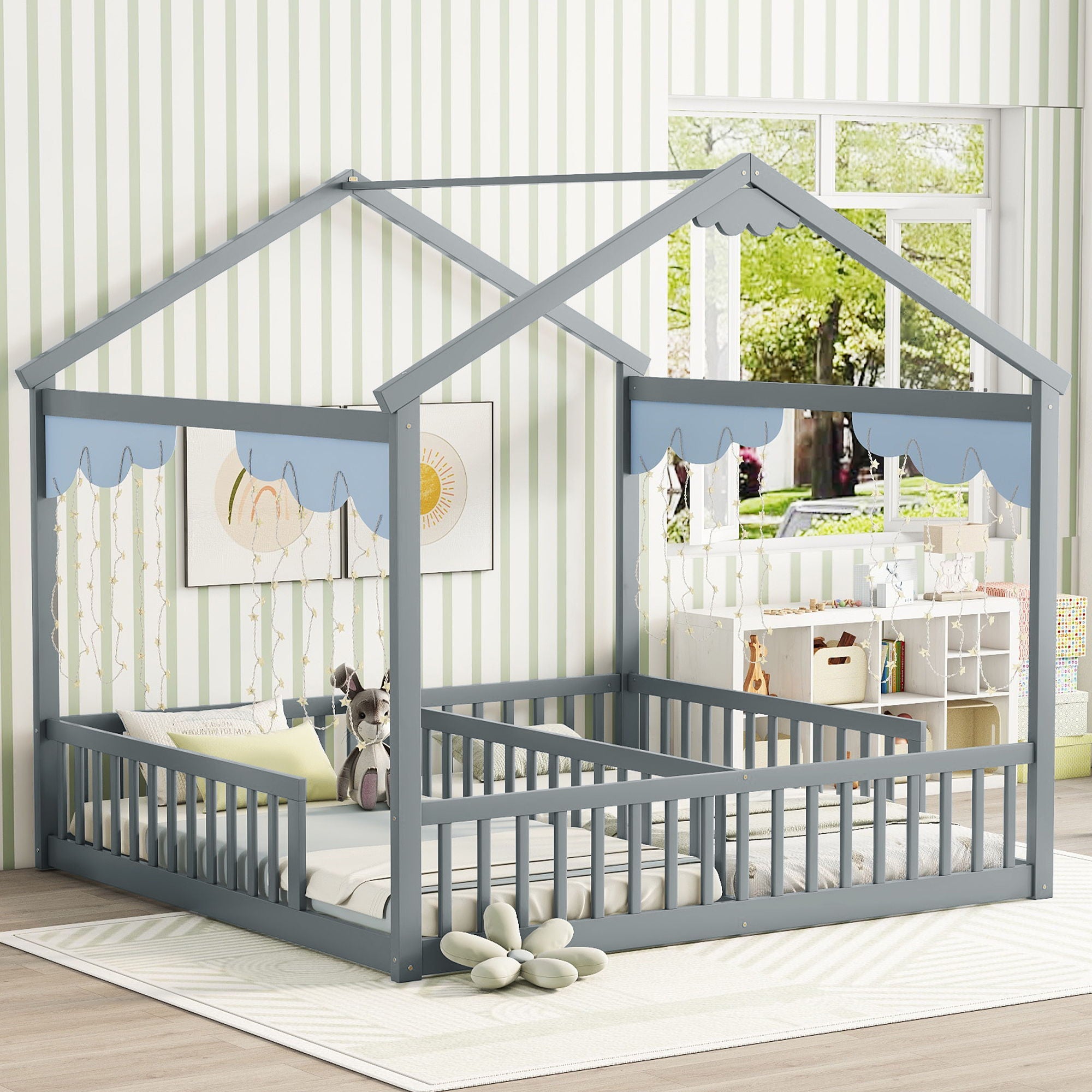 Double Twin House-Style Floor Bed With Fence, Guardrails, Without Door - Best Buy Furniture