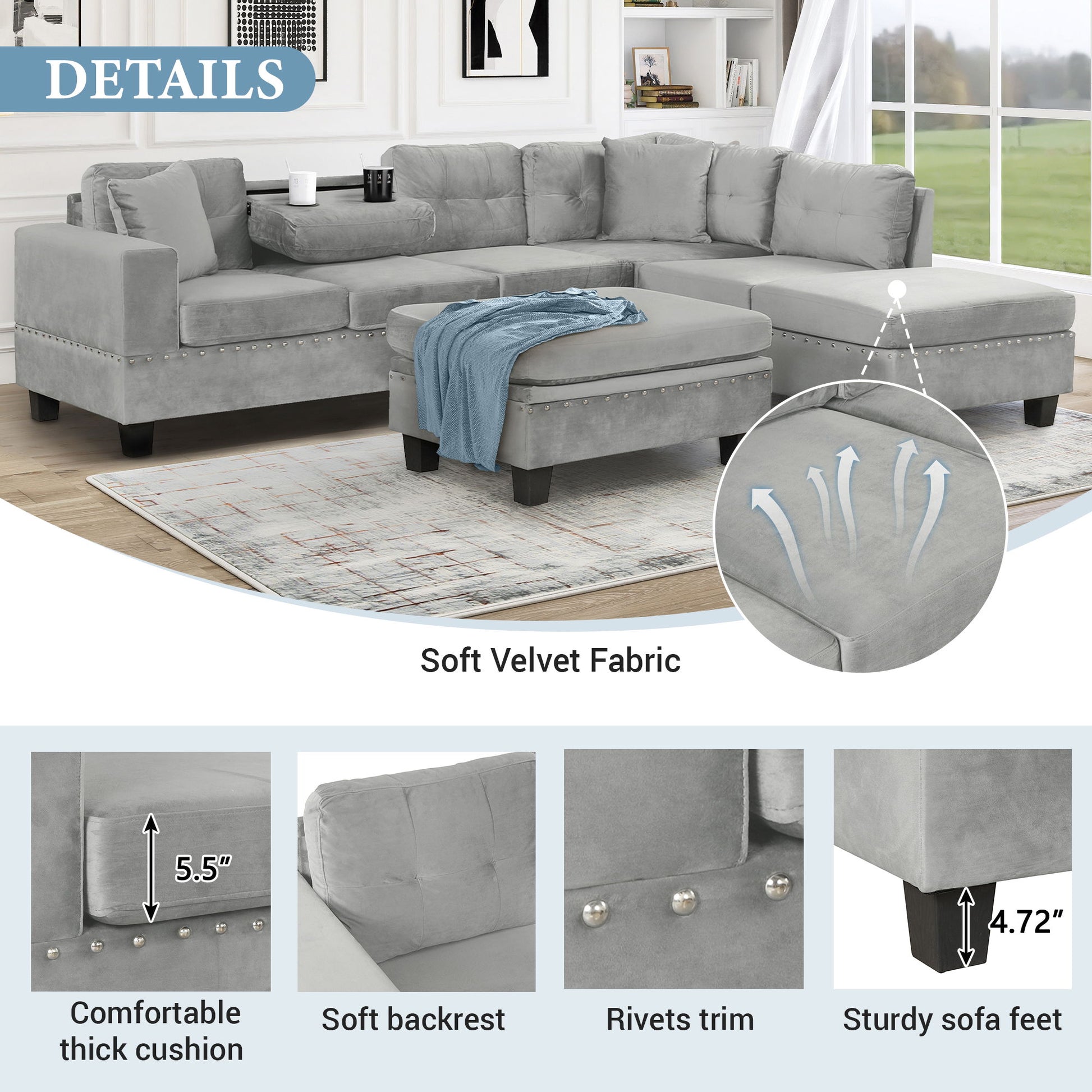 Modern Sectional Sofa With Storage Ottoman, L - Shape Couch With 2 Pillows And Cup Holders - Best Buy Furniture