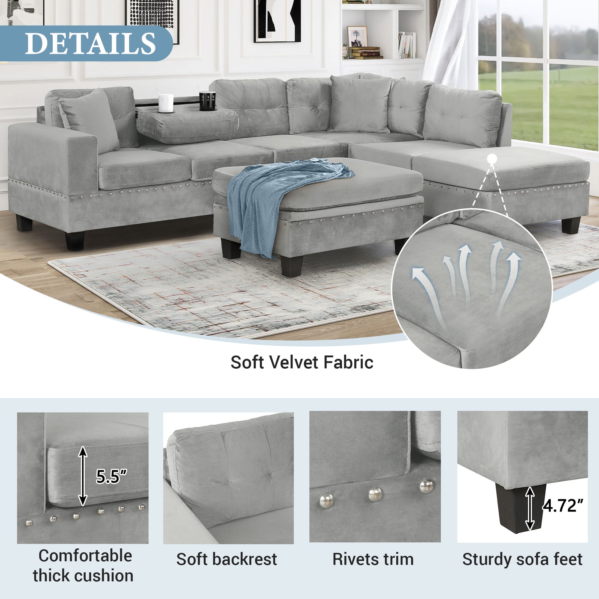 Modern Sectional Sofa With Storage Ottoman, L - Shape Couch With 2 Pillows And Cup Holders - Best Buy Furniture